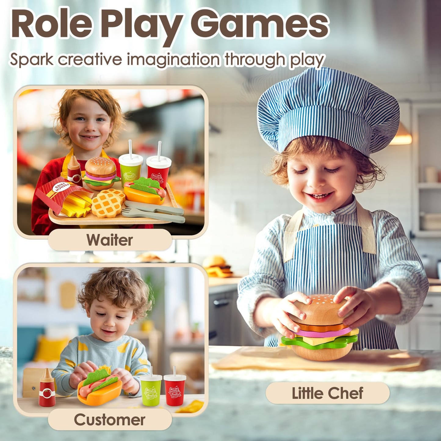 BUYGER Play Food Sets for Kids – Wooden Hamburger Set & Pretend Kitchen Accessories