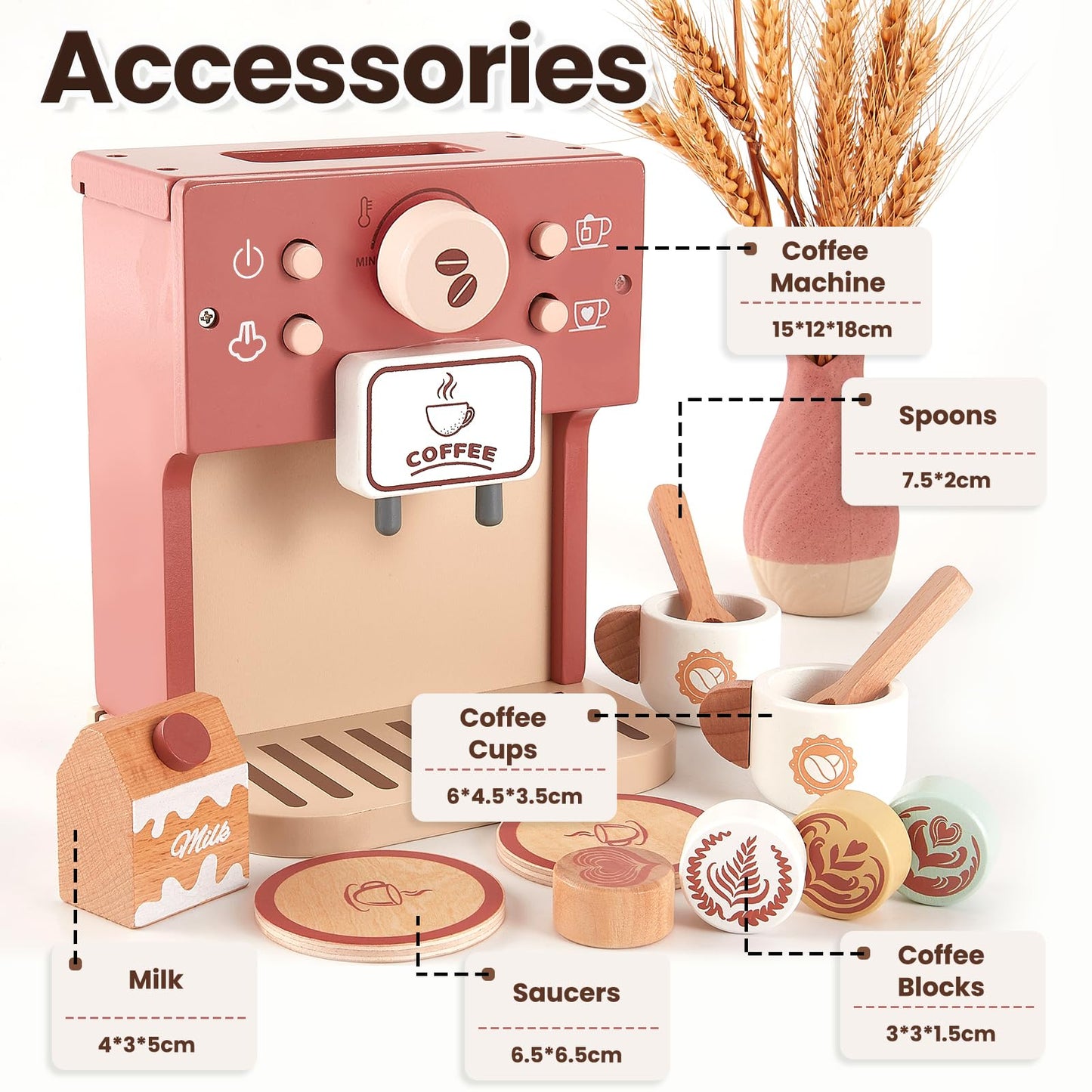 BUYGER Toy Coffee Maker for Kids – Wooden Pretend Play Coffee Set for Ages 3-5