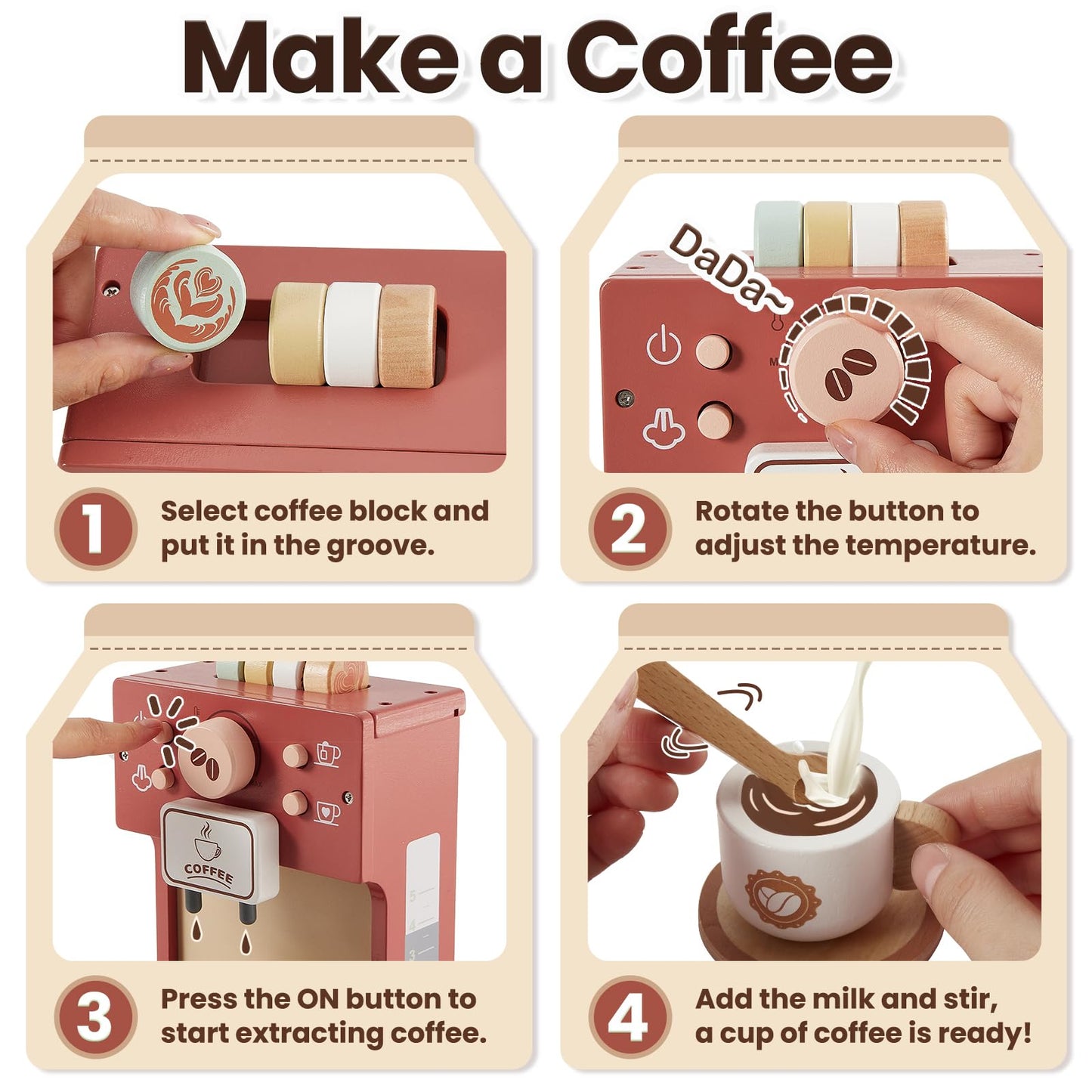 BUYGER Toy Coffee Maker for Kids – Wooden Pretend Play Coffee Set for Ages 3-5