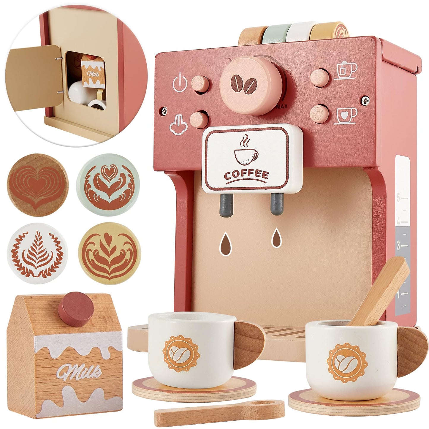 BUYGER Toy Coffee Maker for Kids – Wooden Pretend Play Coffee Set for Ages 3-5