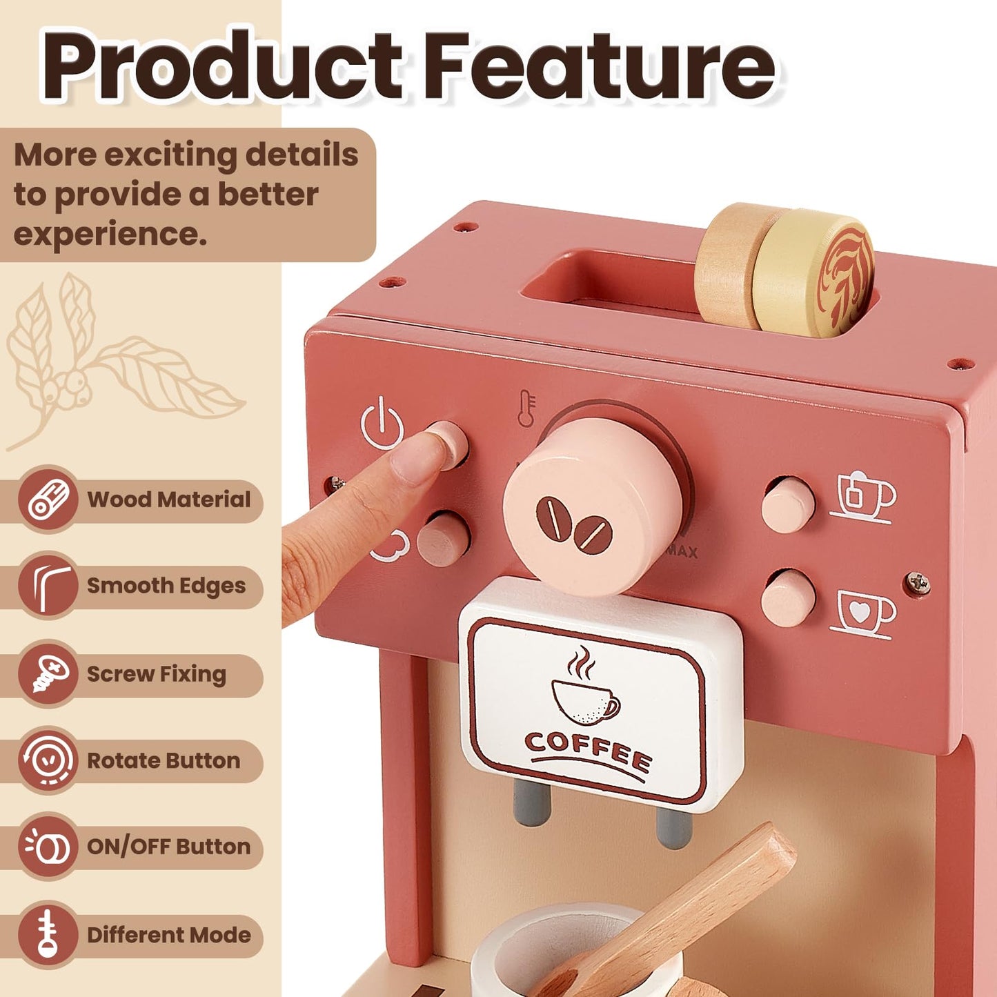 BUYGER Toy Coffee Maker for Kids – Wooden Pretend Play Coffee Set for Ages 3-5