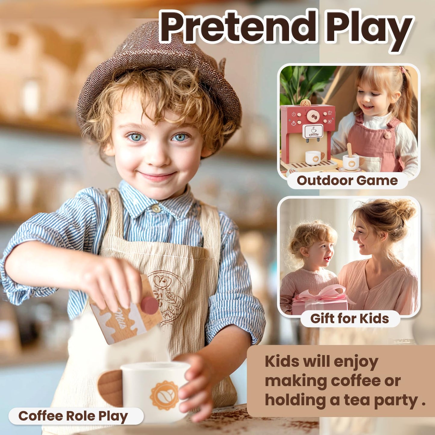 BUYGER Toy Coffee Maker for Kids – Wooden Pretend Play Coffee Set for Ages 3-5