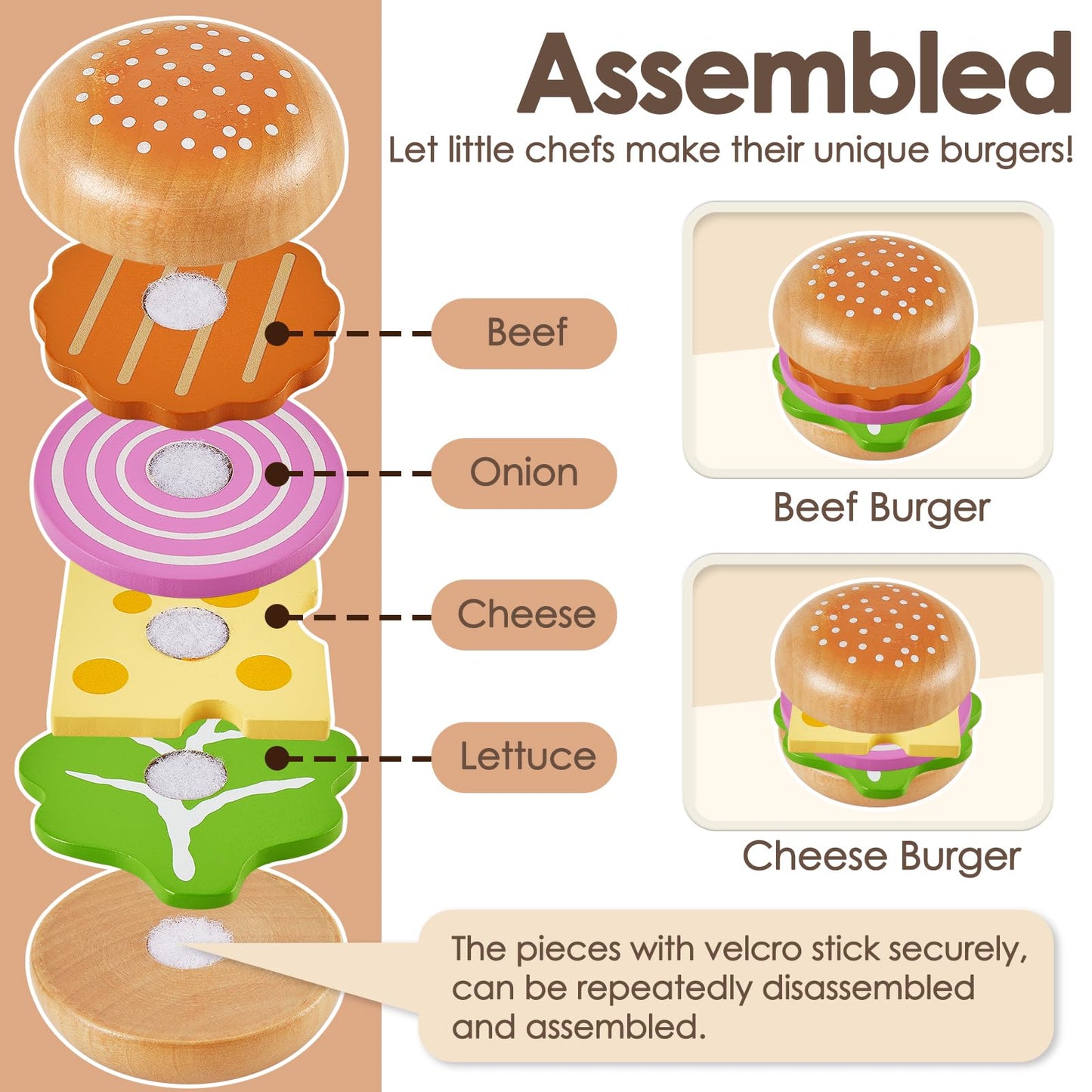 BUYGER Play Food Sets for Kids – Wooden Hamburger Set & Pretend Kitchen Accessories
