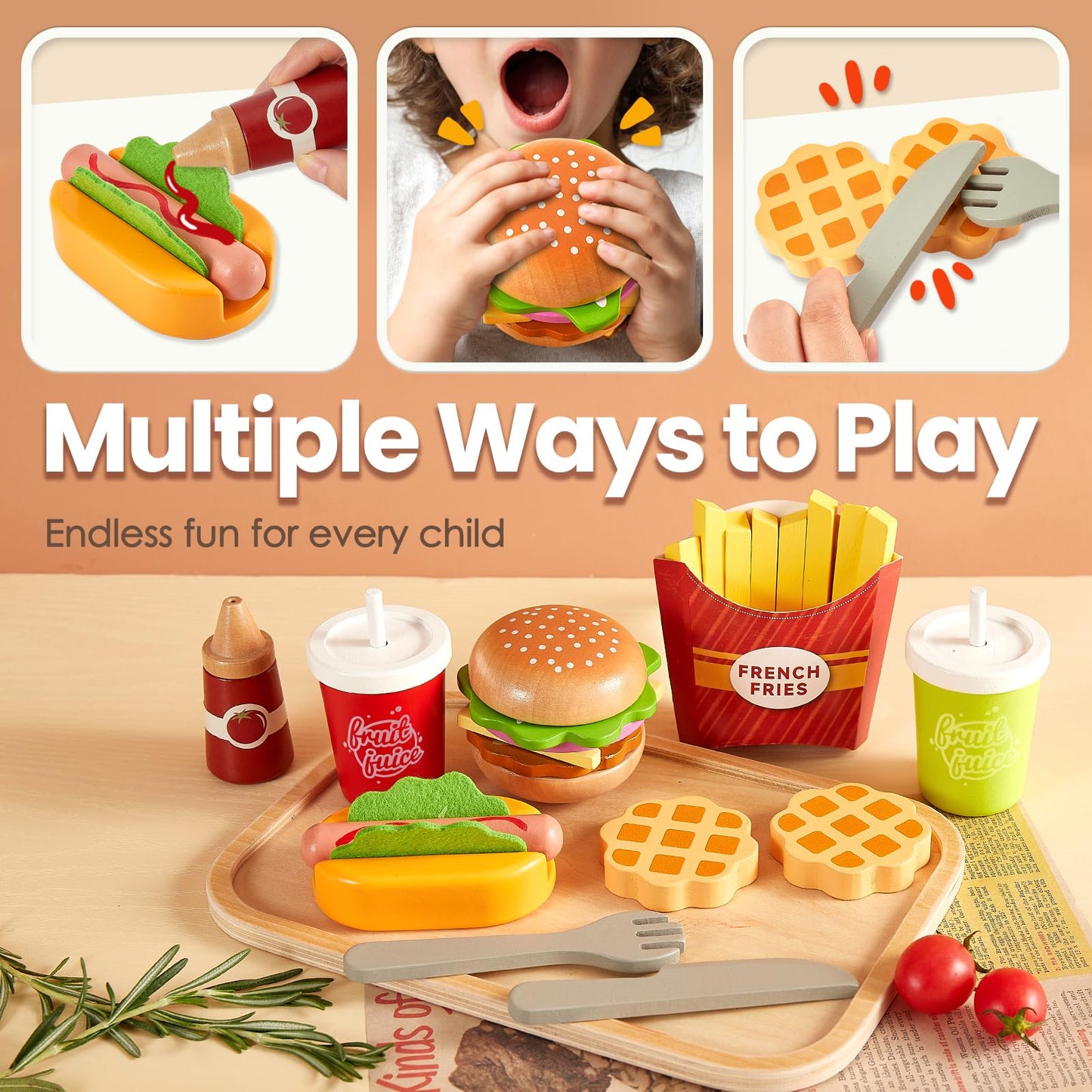 BUYGER Play Food Sets for Kids – Wooden Hamburger Set & Pretend Kitchen Accessories