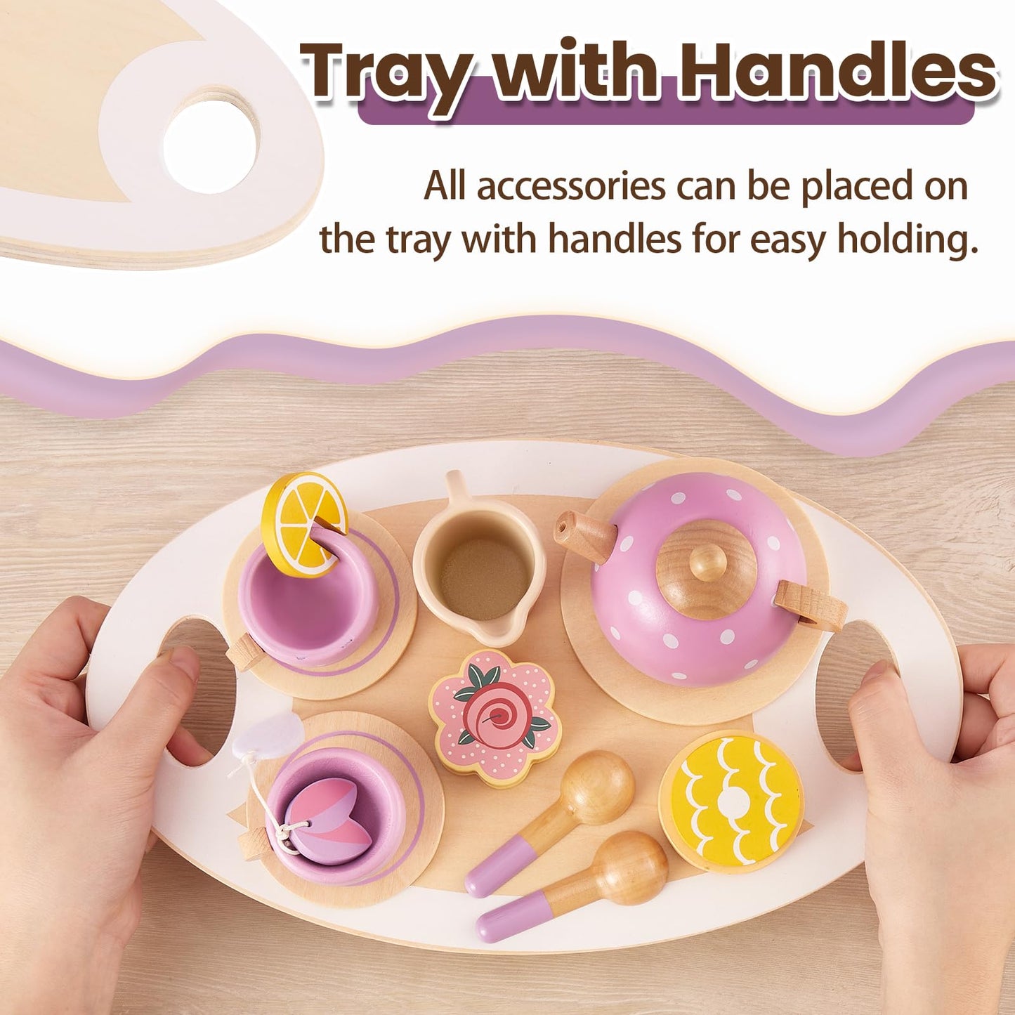 BUYGER Kids Wooden Tea Party Set – Pretend Play Toy for Girls Aged 3-5