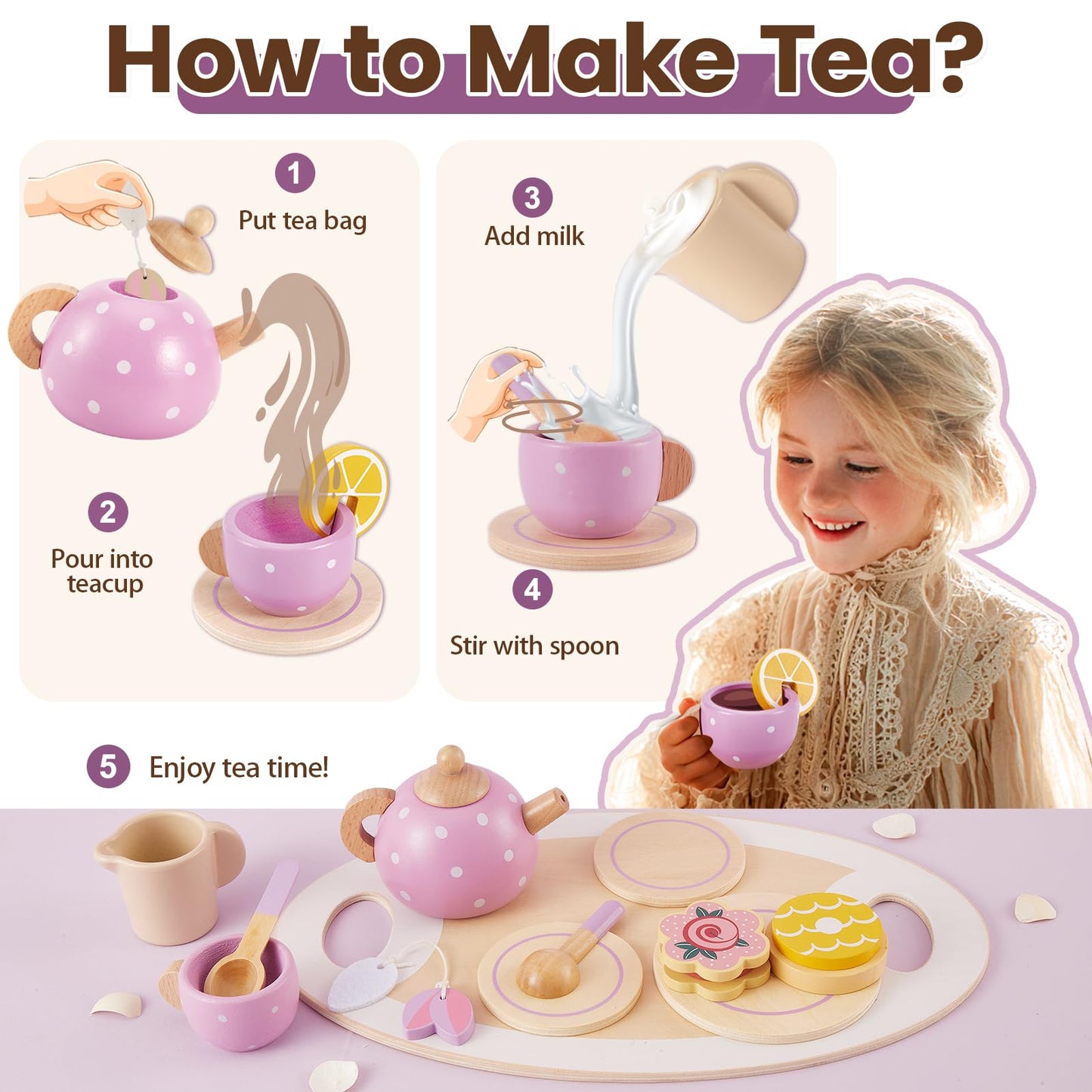 BUYGER Kids Wooden Tea Party Set – Pretend Play Toy for Girls Aged 3-5