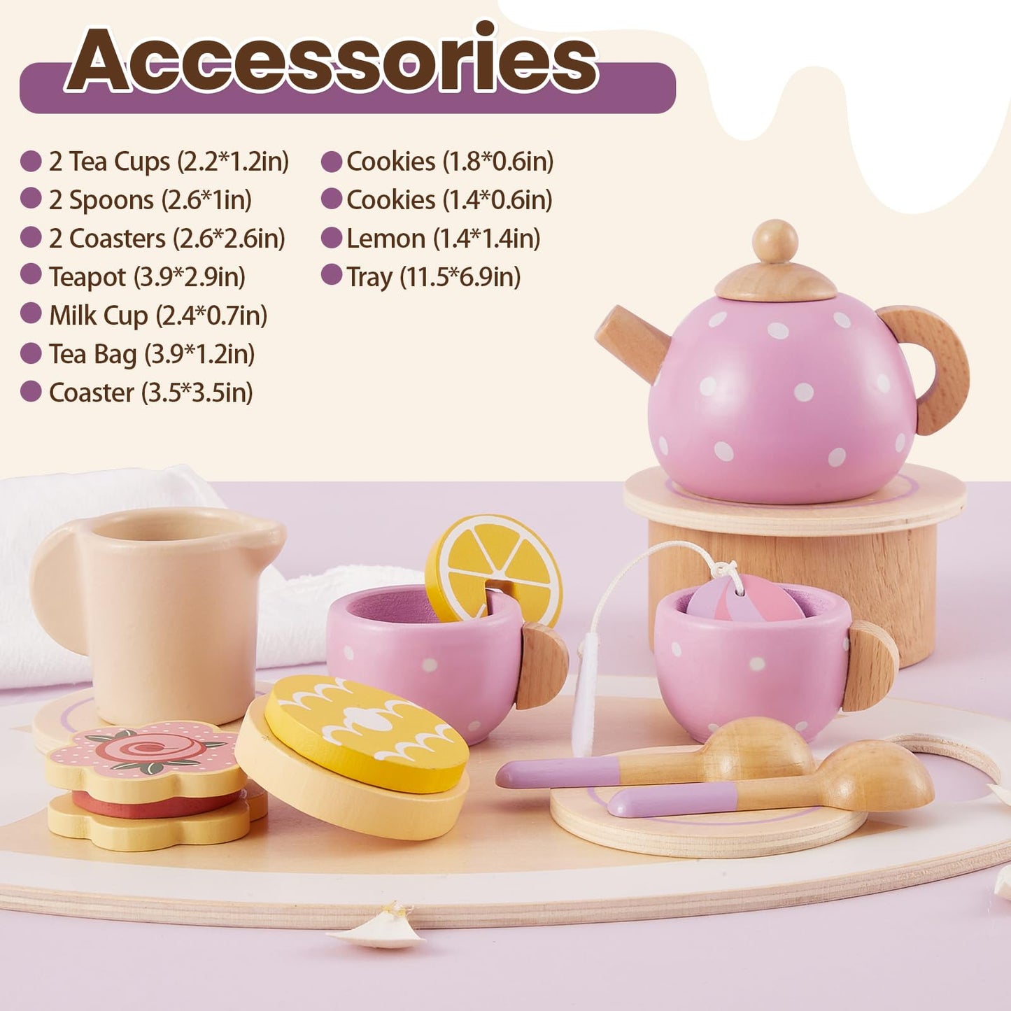 BUYGER Kids Wooden Tea Party Set – Pretend Play Toy for Girls Aged 3-5