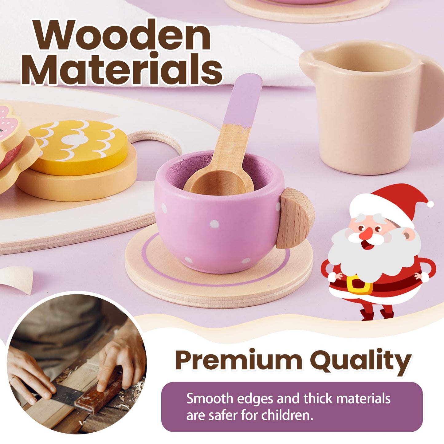 BUYGER Kids Wooden Tea Party Set – Pretend Play Toy for Girls Aged 3-5