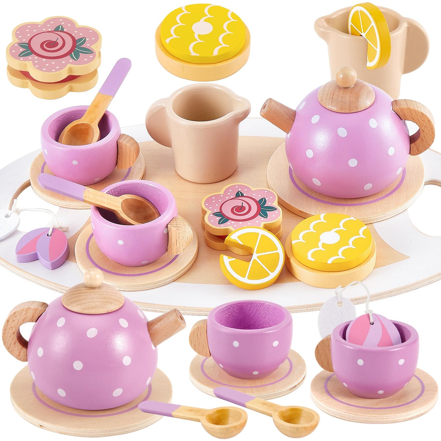 BUYGER Kids Wooden Tea Party Set – Pretend Play Toy for Girls Aged 3-5