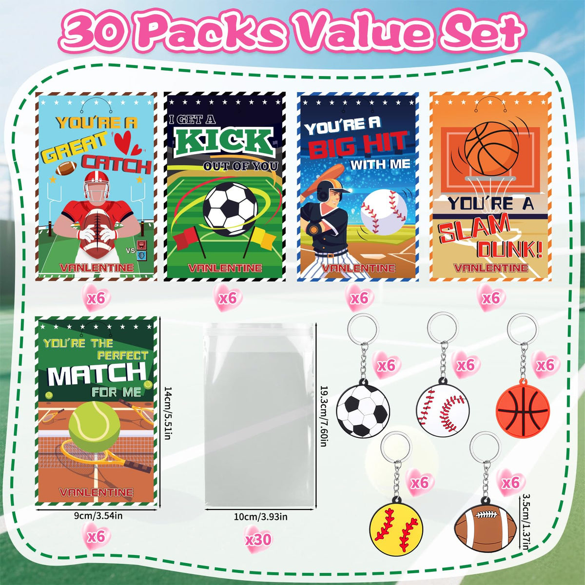 BVAROLYTH Valentines Sports Keychain Set – 32-Piece Pack for Kids, Classroom Gifts & Party Favors