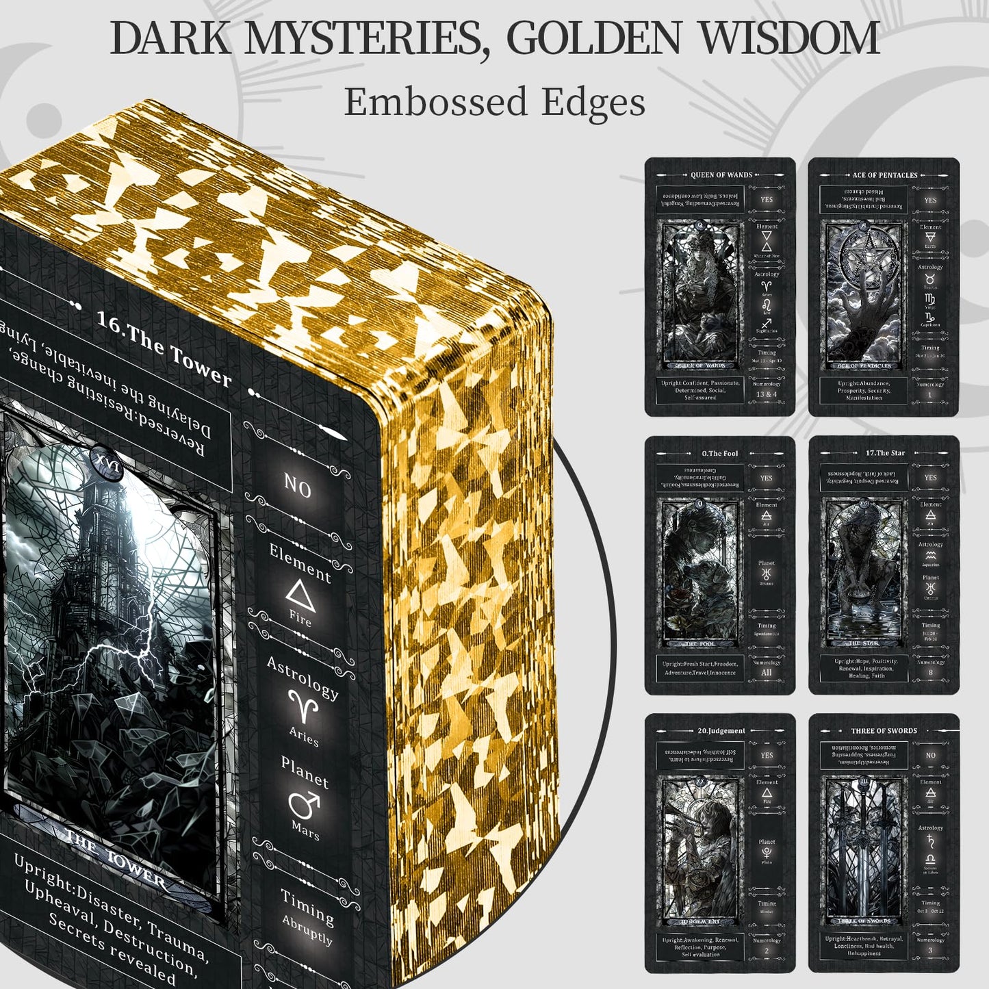 BWTY Black Stained Glass Tarot Deck for Beginners | 78 Cards, 400GSM, Gold Edges