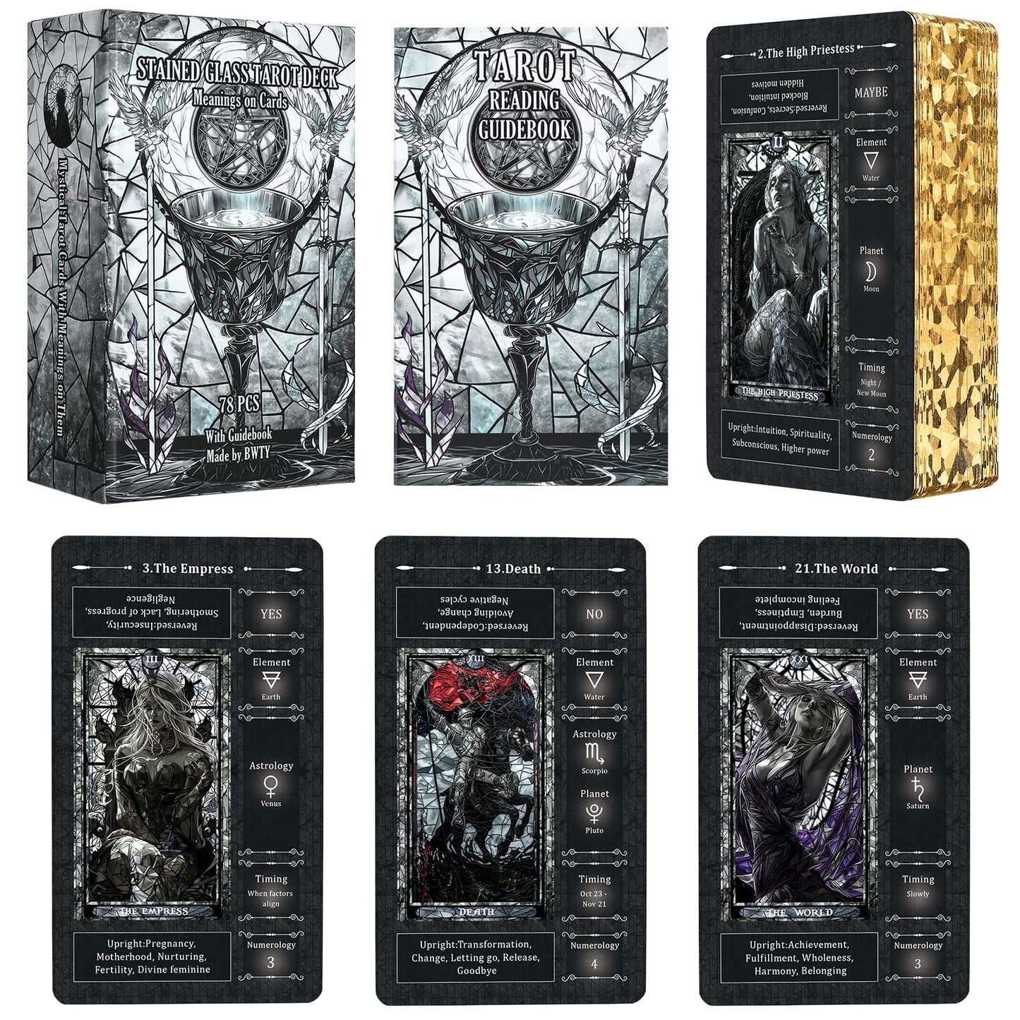 BWTY Black Stained Glass Tarot Deck for Beginners | 78 Cards, 400GSM, Gold Edges