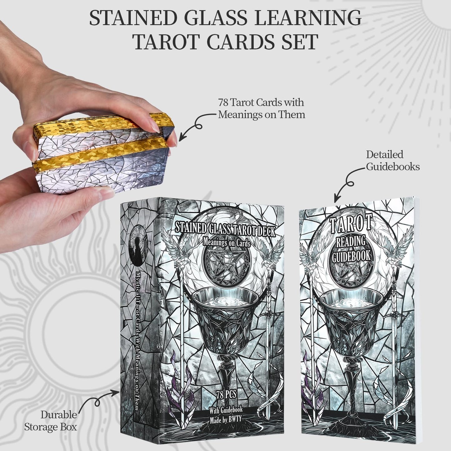 BWTY Black Stained Glass Tarot Deck for Beginners | 78 Cards, 400GSM, Gold Edges