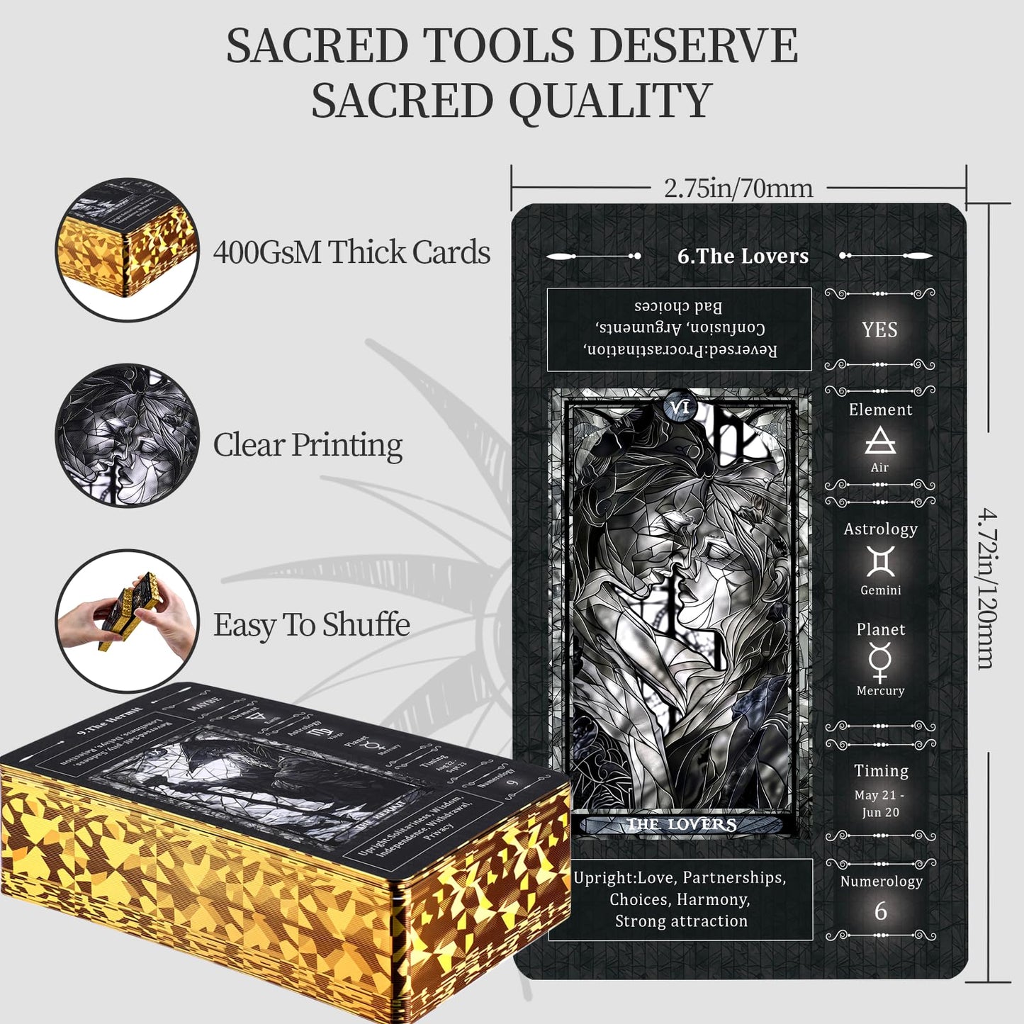 BWTY Black Stained Glass Tarot Deck for Beginners | 78 Cards, 400GSM, Gold Edges