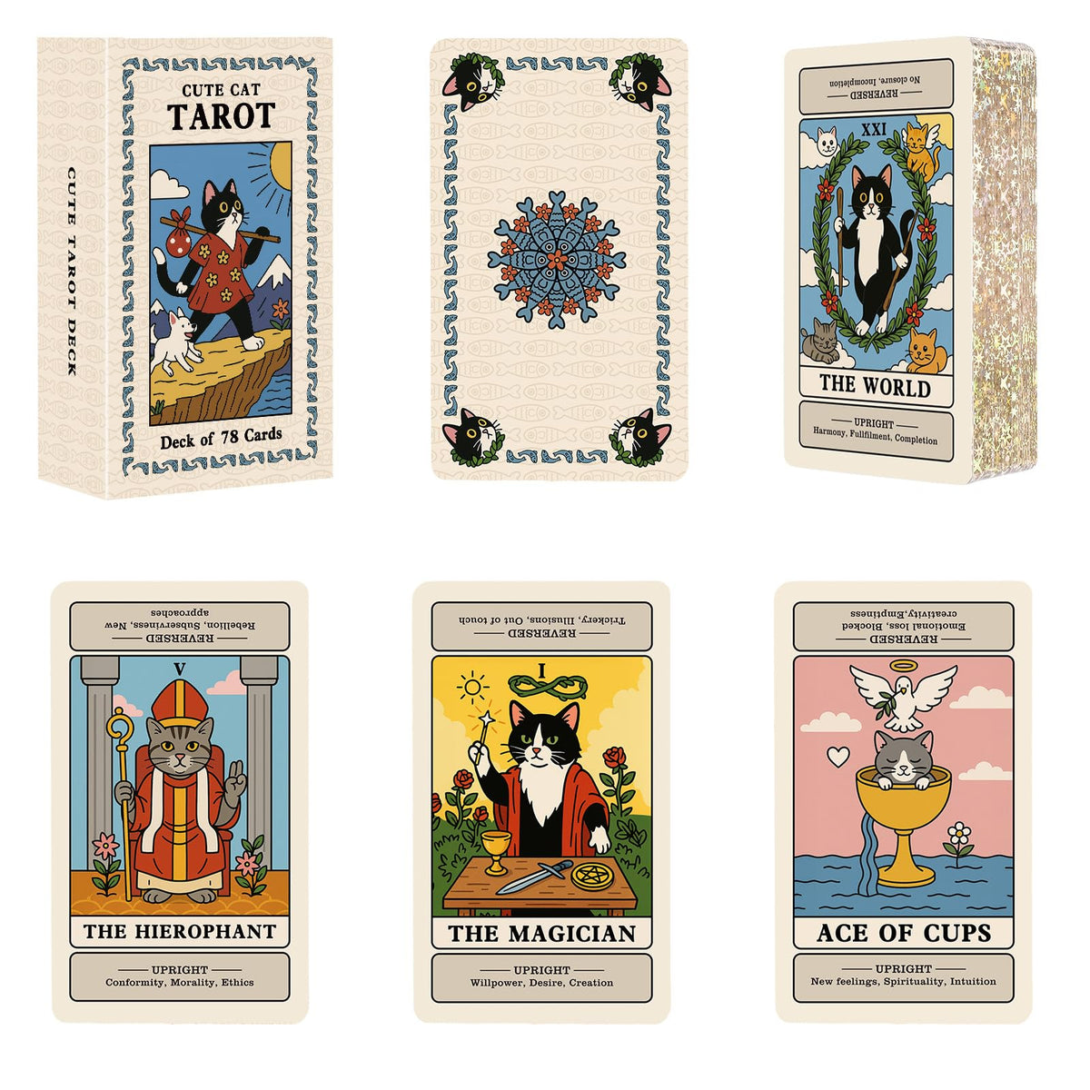 BWTY Cat Tarot Cards for Beginners with Meanings – Guided Cute Deck with Gold Foil Edge (Standard Size)