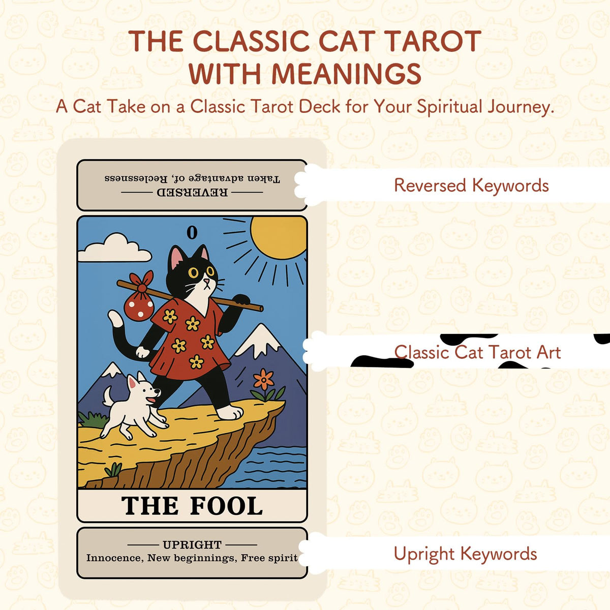BWTY Cat Tarot Cards for Beginners with Meanings – Guided Cute Deck with Gold Foil Edge (Standard Size)