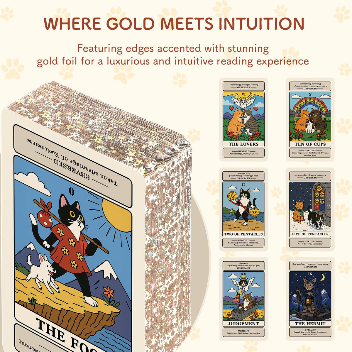 BWTY Cat Tarot Cards for Beginners with Meanings – Guided Cute Deck with Gold Foil Edge (Standard Size)