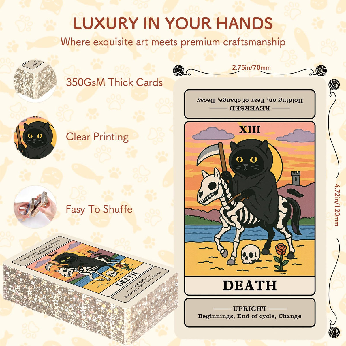 BWTY Cat Tarot Cards for Beginners with Meanings – Guided Cute Deck with Gold Foil Edge (Standard Size)