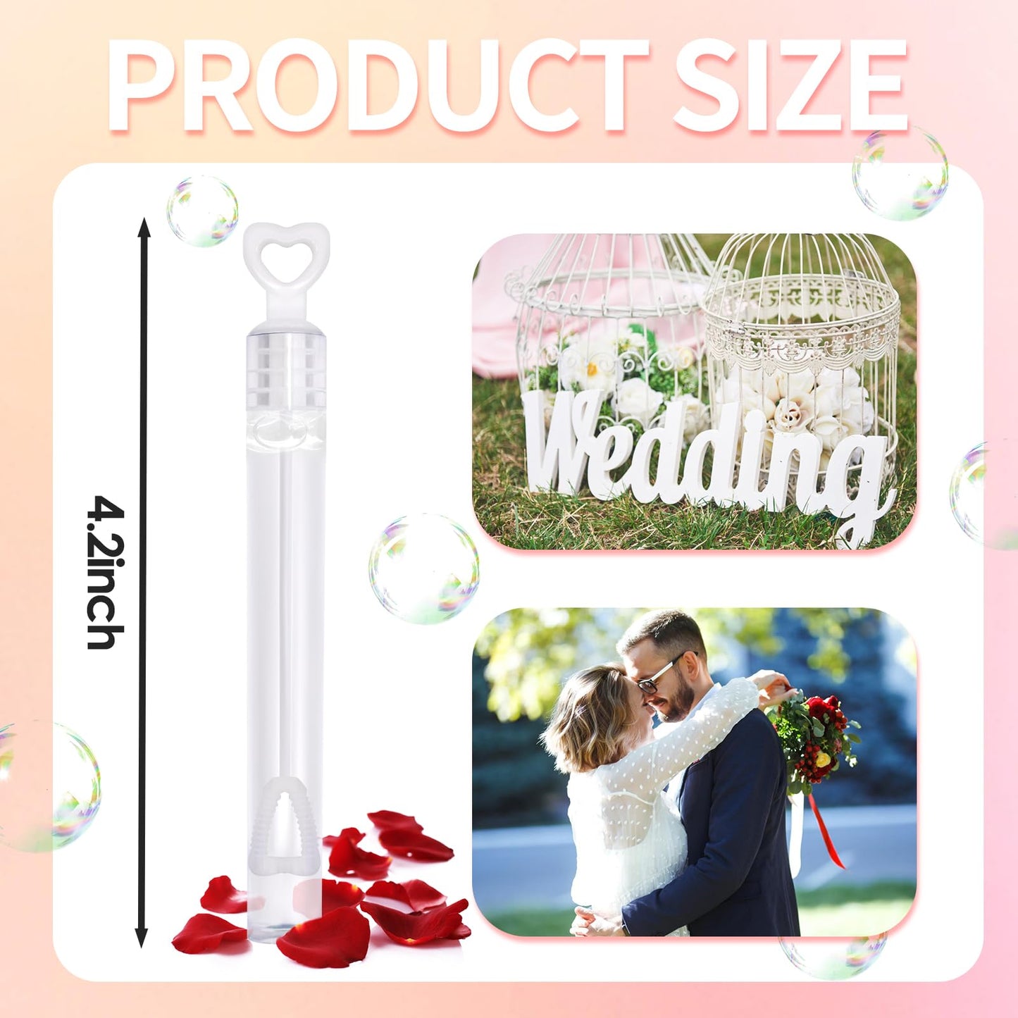 Bymugo 48-Pack White Heart Bubble Wands with Pre-Filled Solution for Weddings