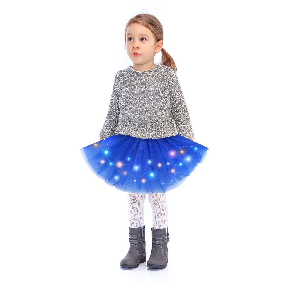 Bybyseno Girl LED Tutu Skirt – 2-8 Years, Dark Blue, 3-Layer Multicolor Fluffy Ballet Dress Up