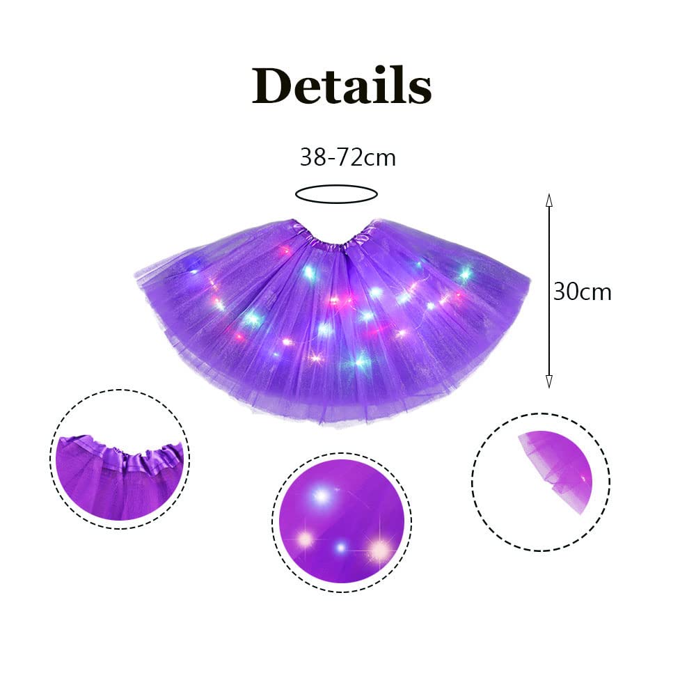 Bybyseno LED Light-Up Girl Tutu Skirt – 3-Layer Multicolor Ballet Costume for Kids 2-8 (Dark Purple)