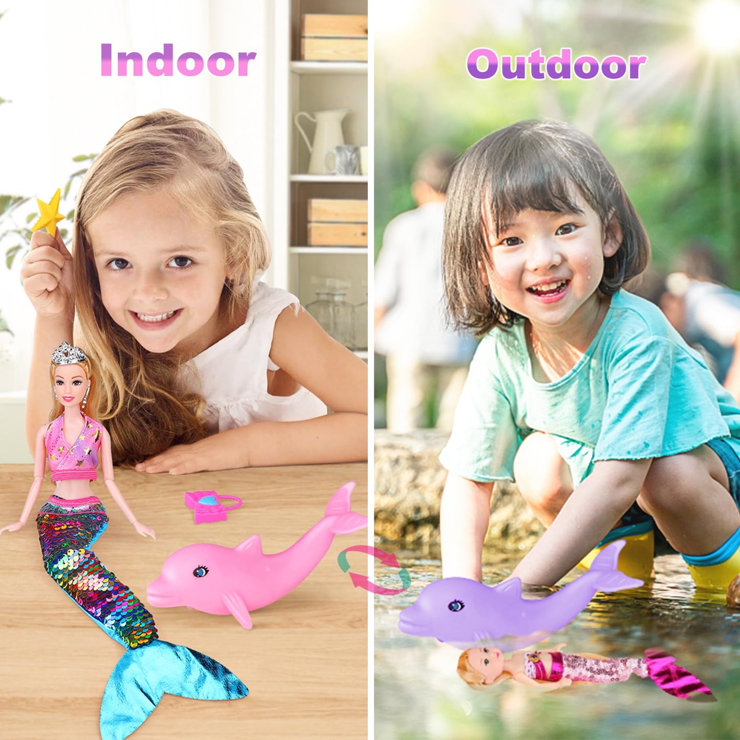 BYCICI Magical Mermaid Dolls Set for Girls 4-7 | Color-Changing Dolphin & Sparkling Accessories