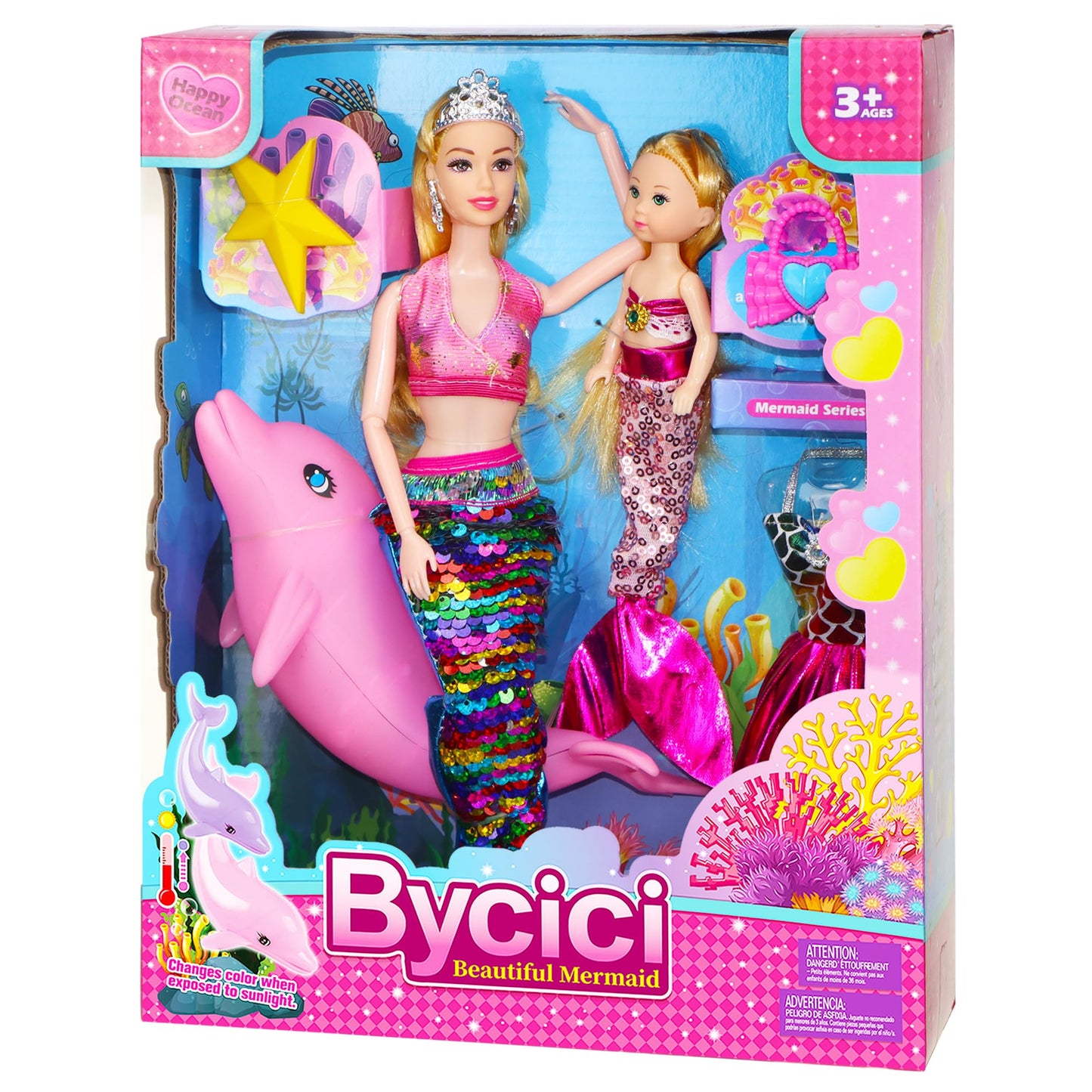 BYCICI Magical Mermaid Dolls Set for Girls 4-7 | Color-Changing Dolphin & Sparkling Accessories