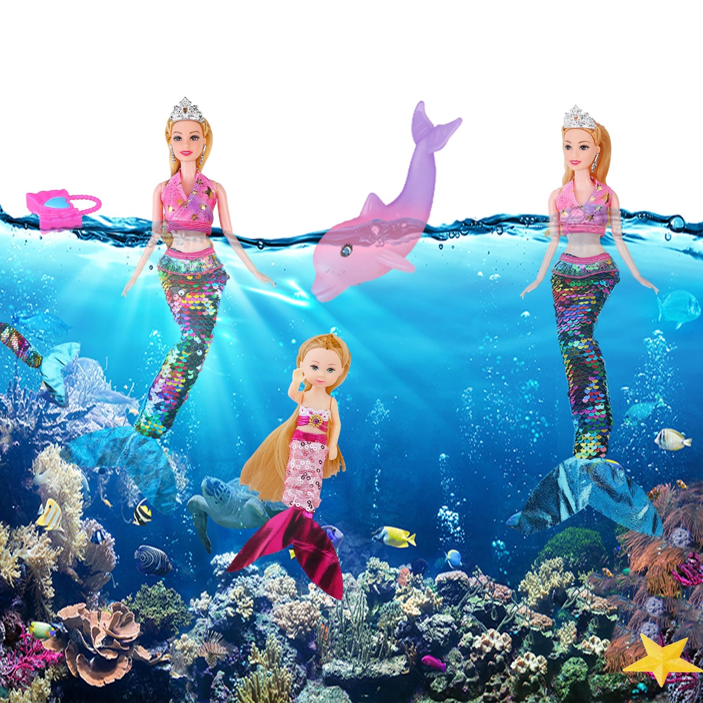 BYCICI Magical Mermaid Dolls Set for Girls 4-7 | Color-Changing Dolphin & Sparkling Accessories