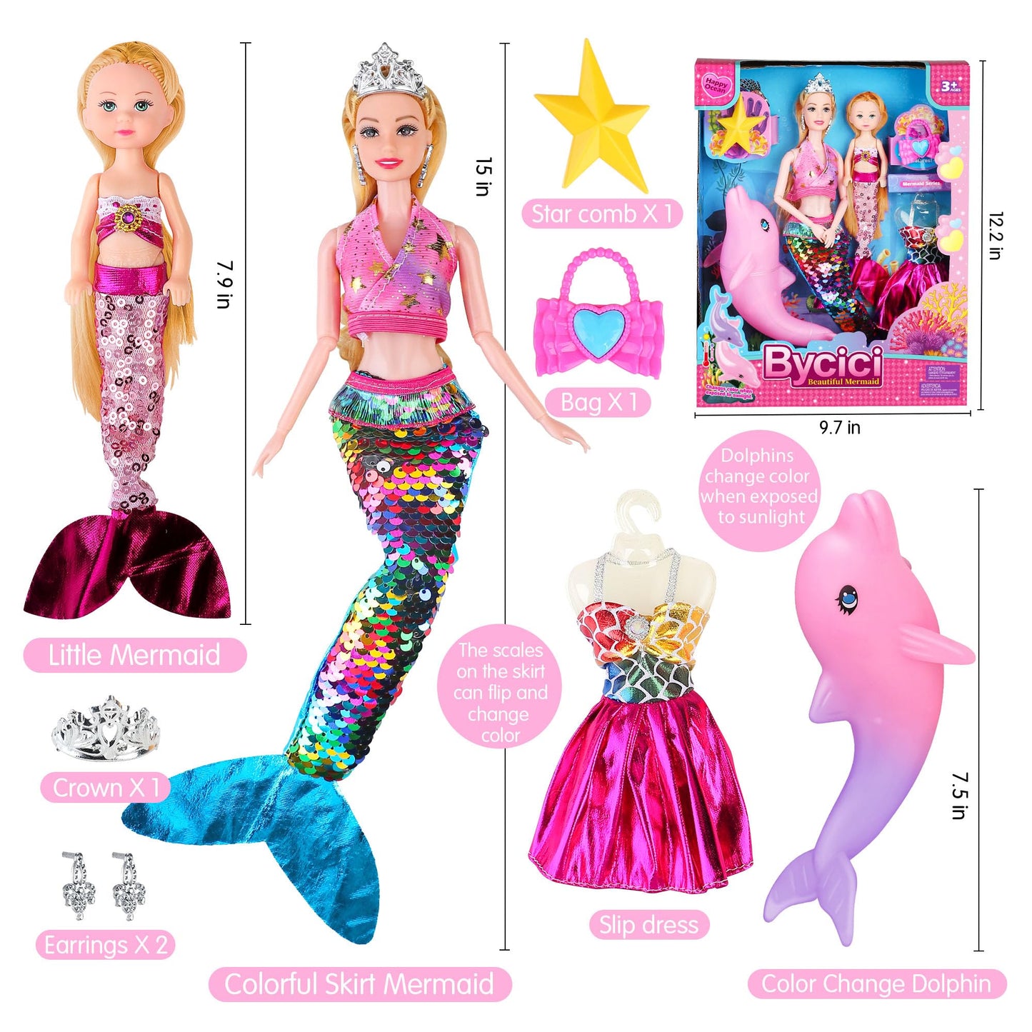 BYCICI Magical Mermaid Dolls Set for Girls 4-7 | Color-Changing Dolphin & Sparkling Accessories