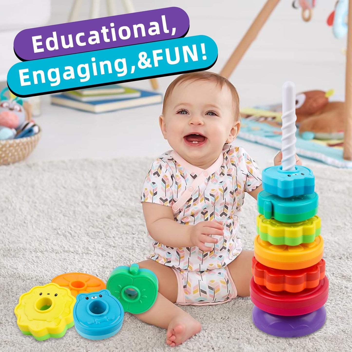 BYFWH Spinning Stacking Toy for Toddlers 12+ Months – Rainbow Discs with Animals & Fruits Theme