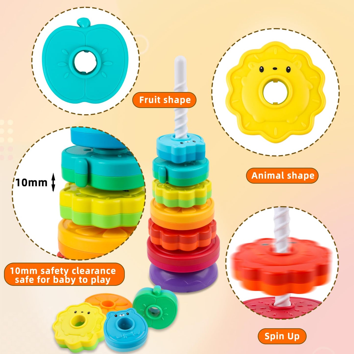 BYFWH Spinning Stacking Toy for Toddlers 12+ Months – Rainbow Discs with Animals & Fruits Theme