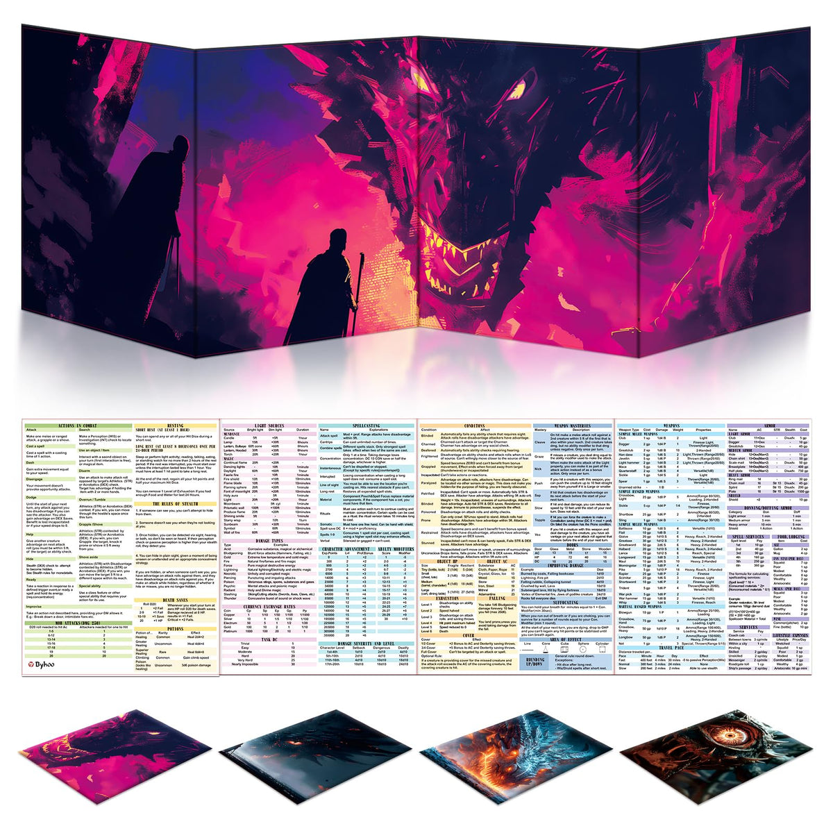 Byhoo 4-Piece DM Screen for D&D 5E — Immersive Themes, Waterproof Surface, Tri-Fold, Portable A4