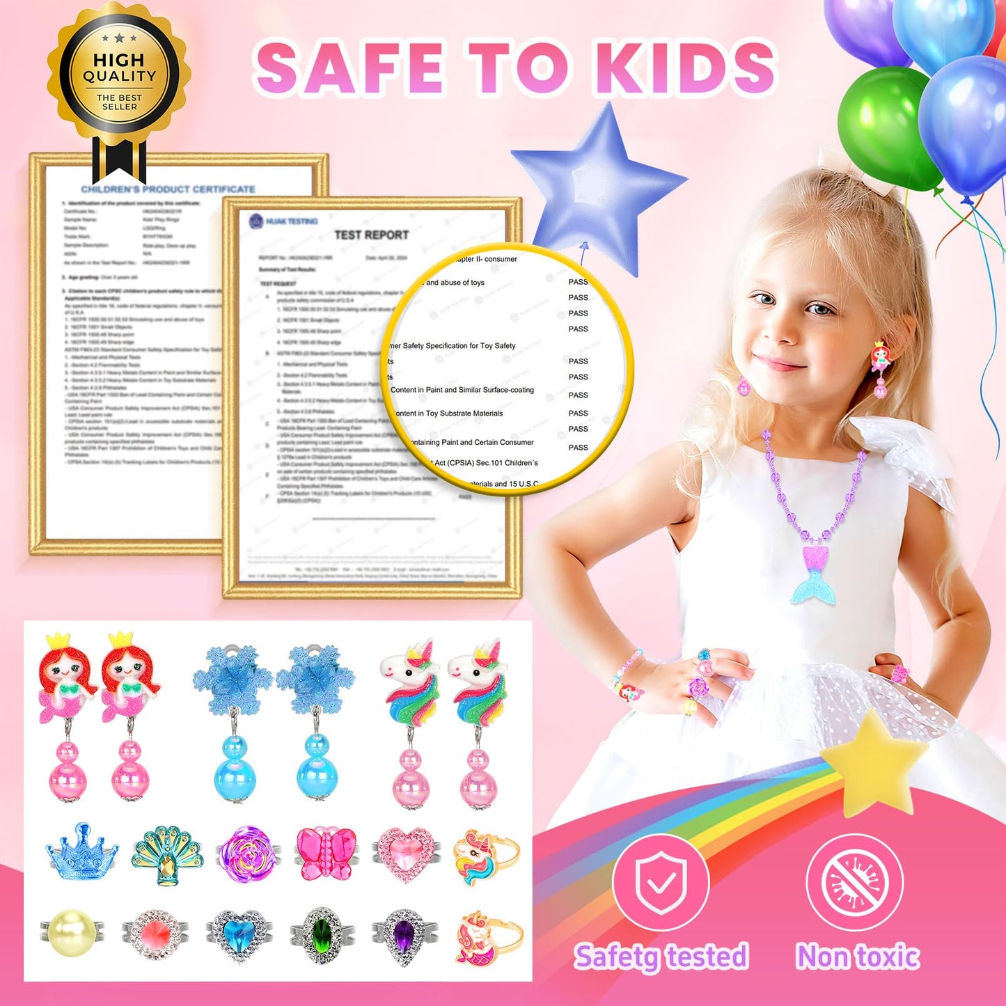 BYHTTKIGM 24-Piece Adjustable Kids Jewelry Set – Rings, Necklaces & Bracelets in Pink Gift Box