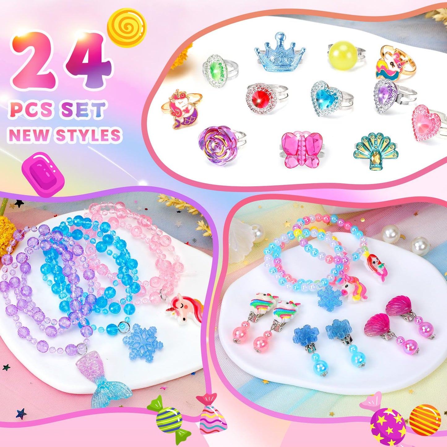 BYHTTKIGM 24-Piece Adjustable Kids Jewelry Set – Rings, Necklaces & Bracelets in Pink Gift Box