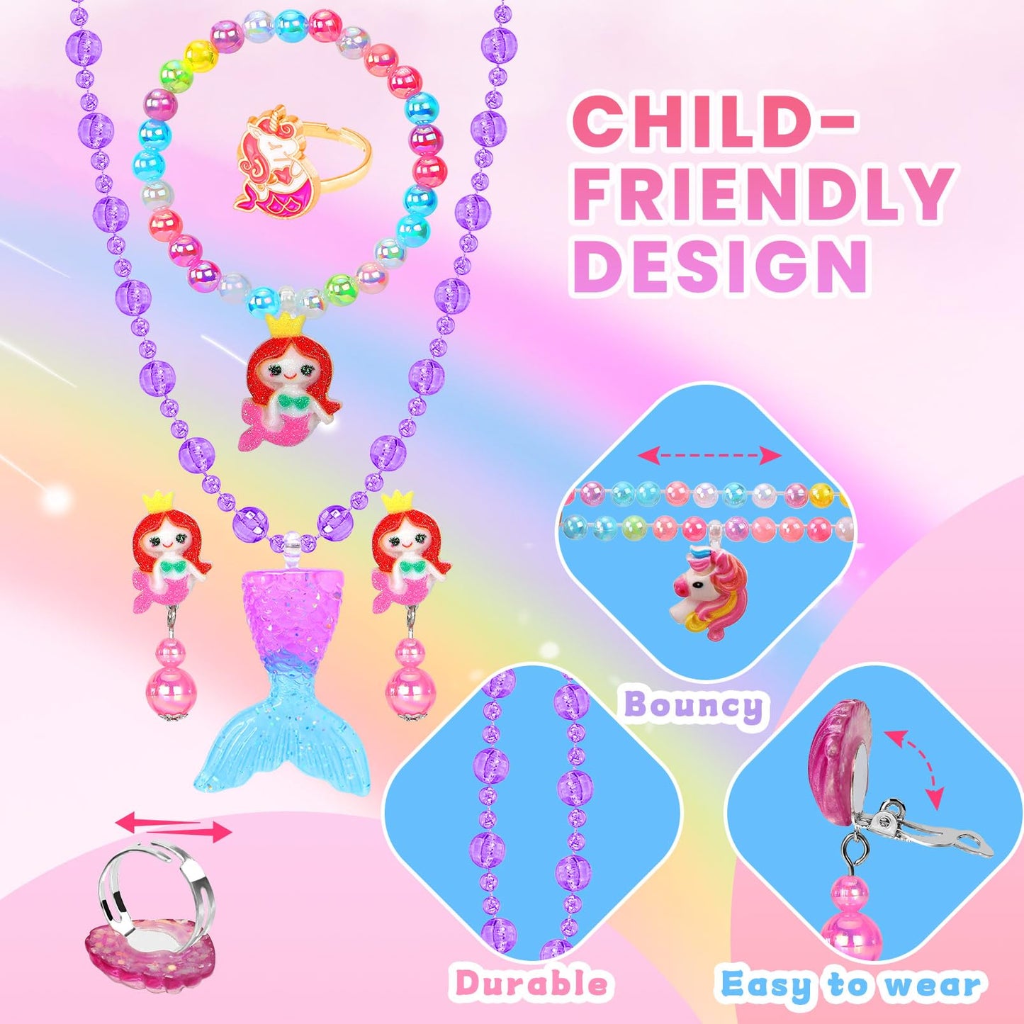 BYHTTKIGM 24-Piece Adjustable Kids Jewelry Set – Rings, Necklaces & Bracelets in Pink Gift Box