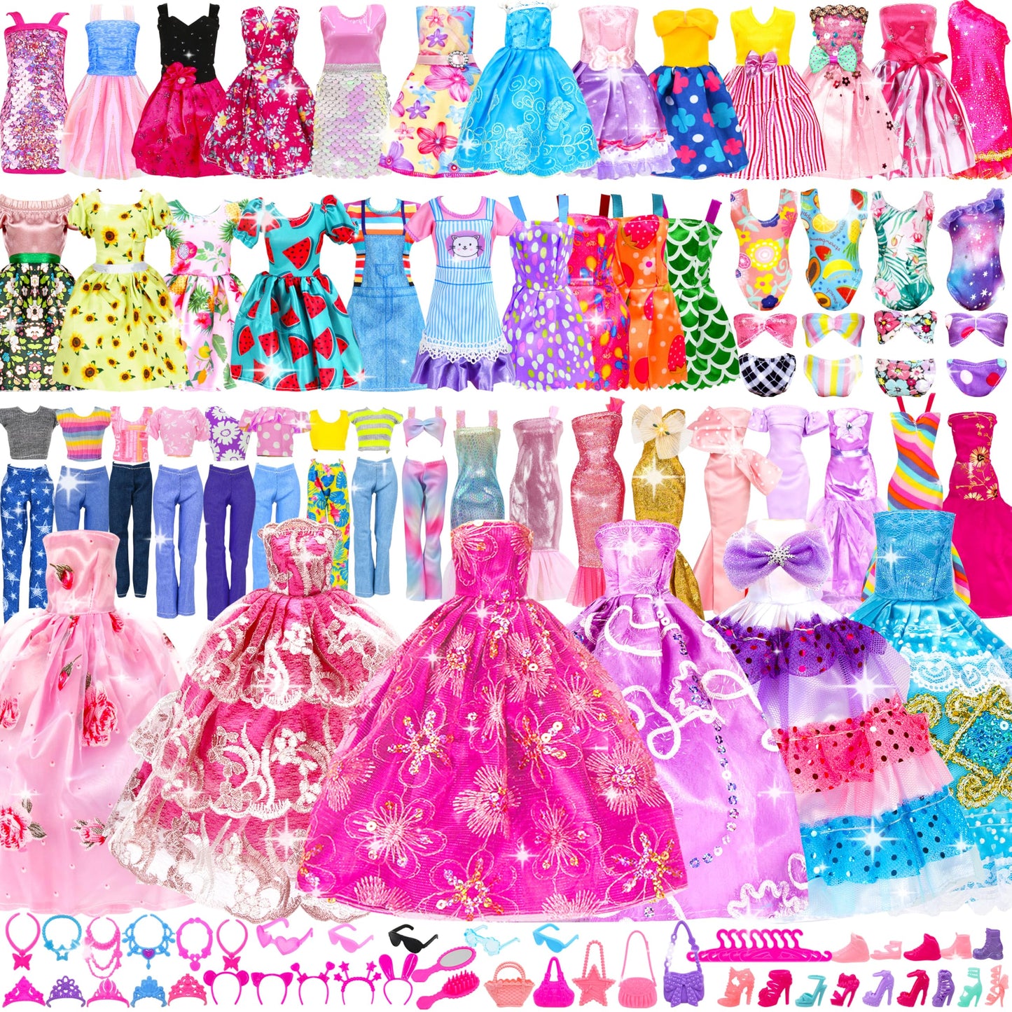 BYMORE 138 Pcs Doll Clothes & Accessories Gift Box for 11.5-Inch Dolls – 5 Wedding Gowns, 9 Fashion Dresses