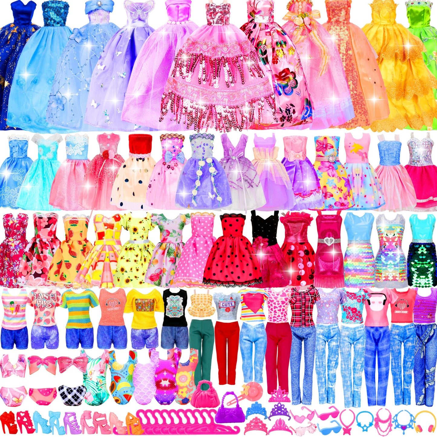 BYMORE 195 Pcs Doll Clothes & Accessories Kit for 11–12 inch Dolls | Princess Gowns, Dresses & Accessories Gift Box