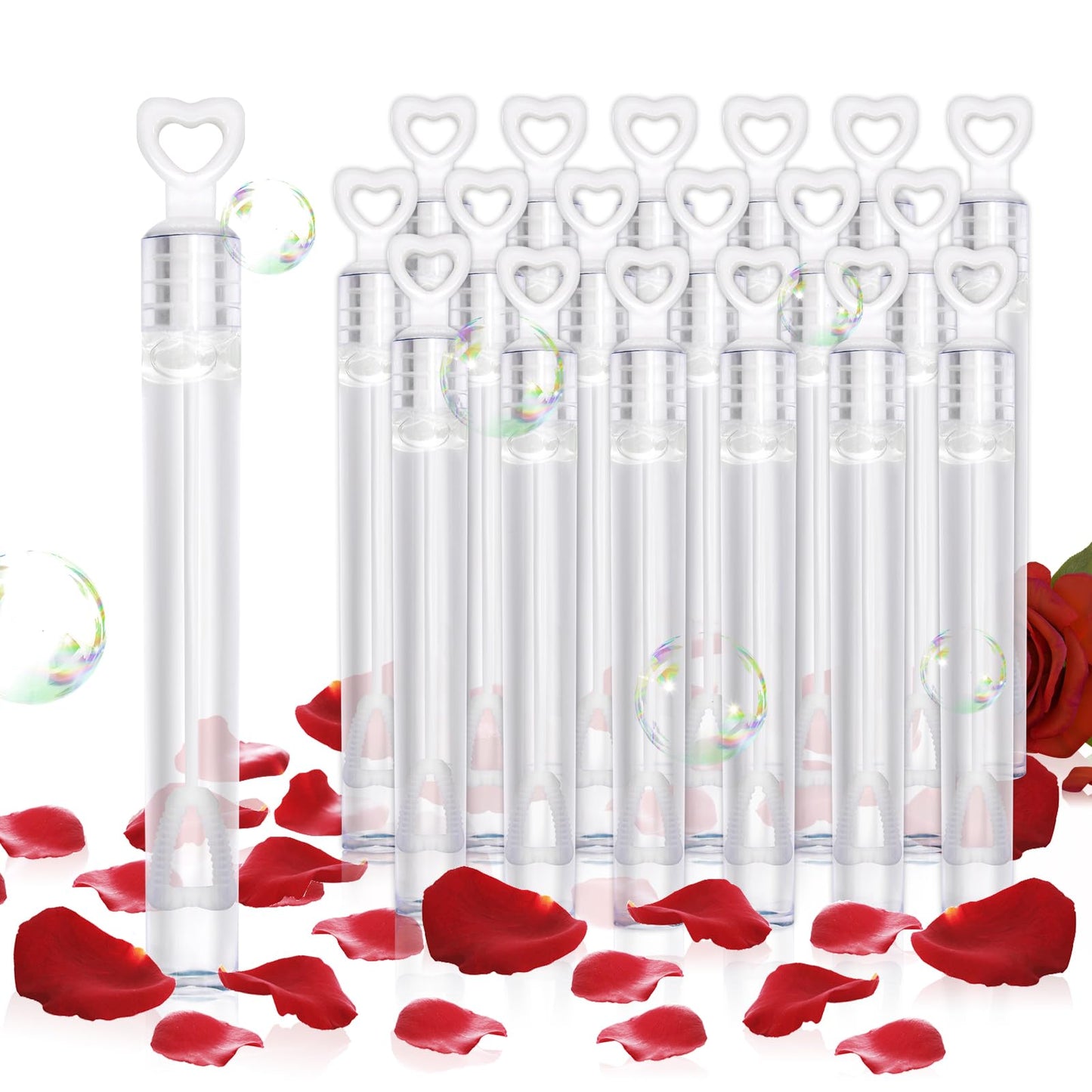 Bymugo 48-Pack White Heart Bubble Wands with Pre-Filled Solution for Weddings