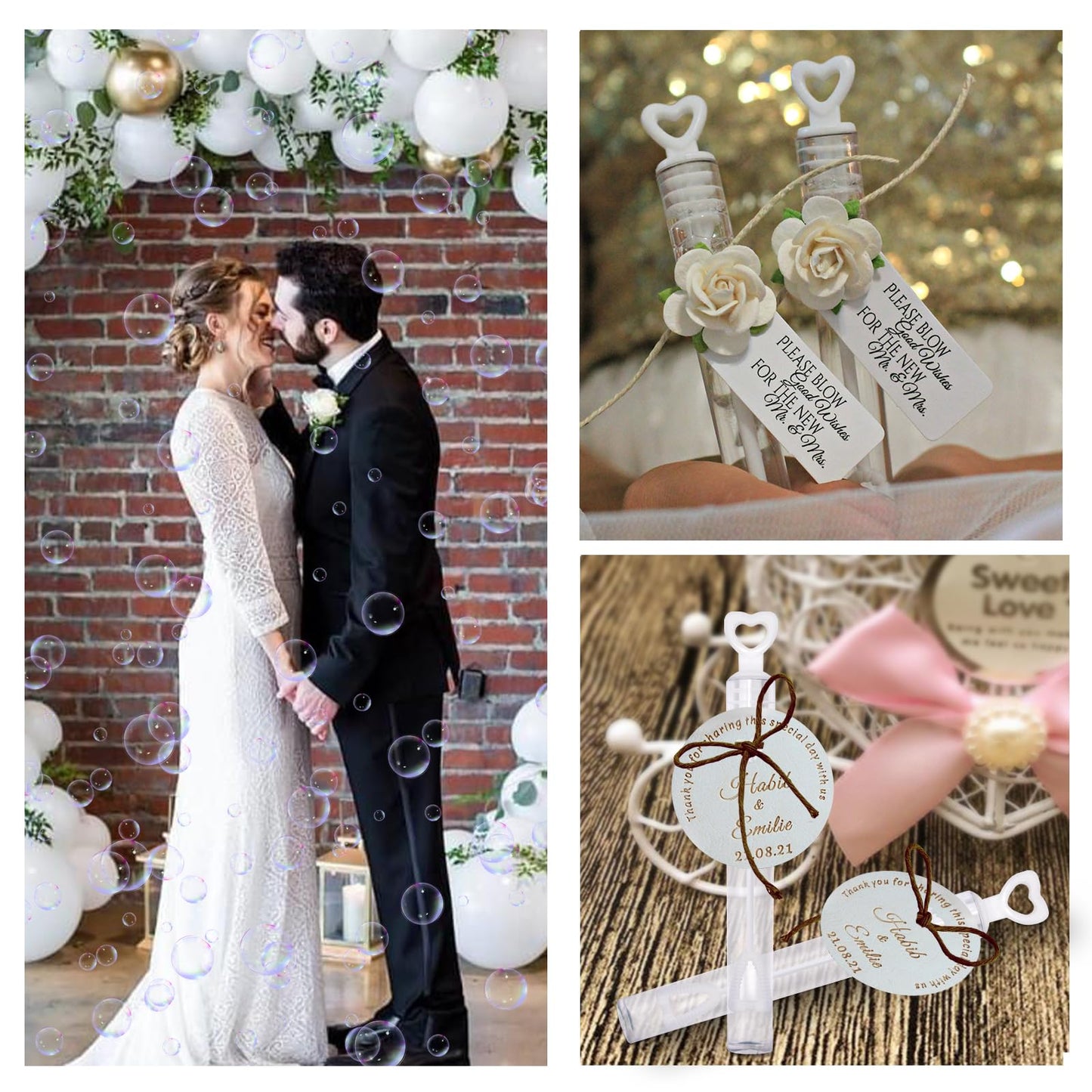 Bymugo 48-Pack White Heart Bubble Wands with Pre-Filled Solution for Weddings
