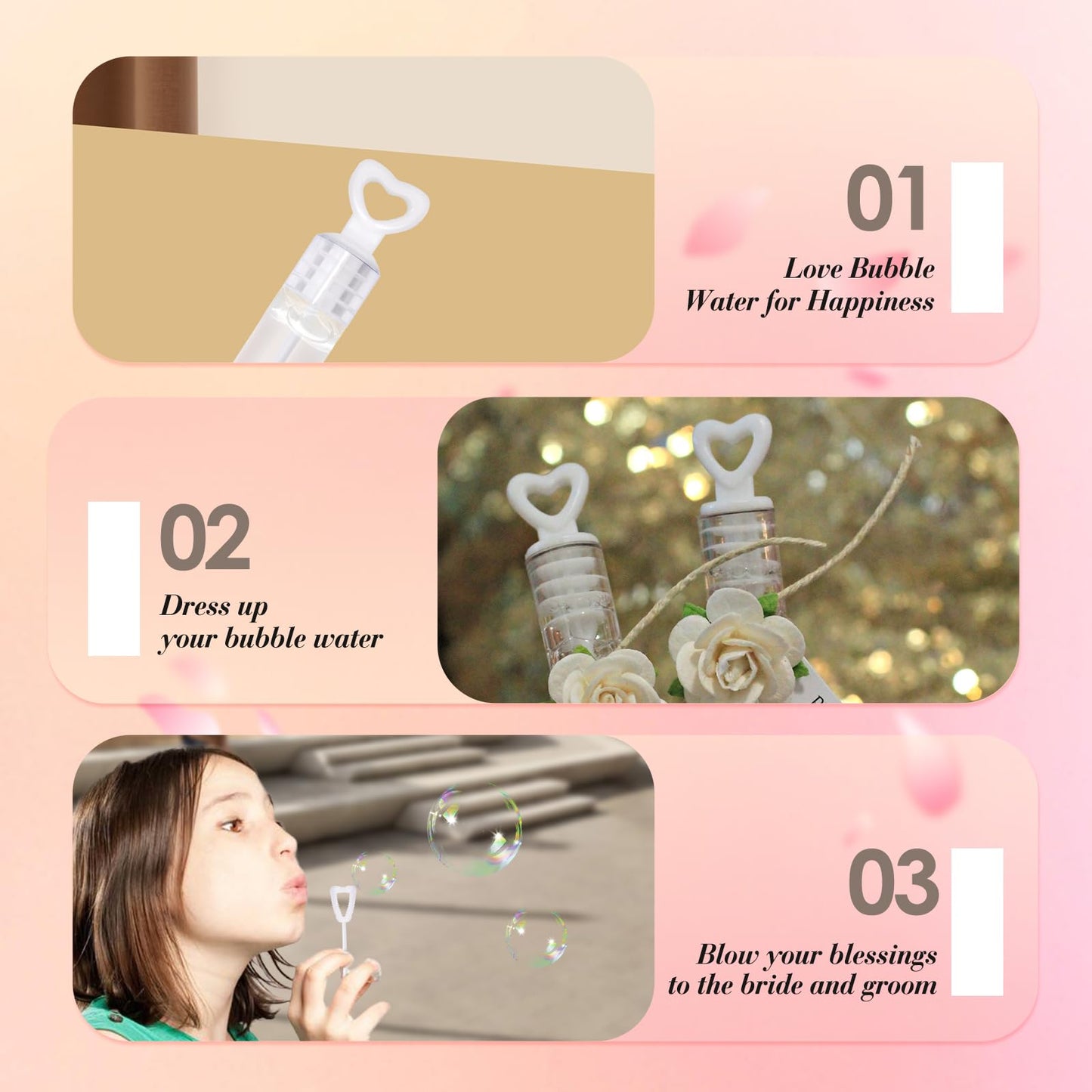 Bymugo 48-Pack White Heart Bubble Wands with Pre-Filled Solution for Weddings