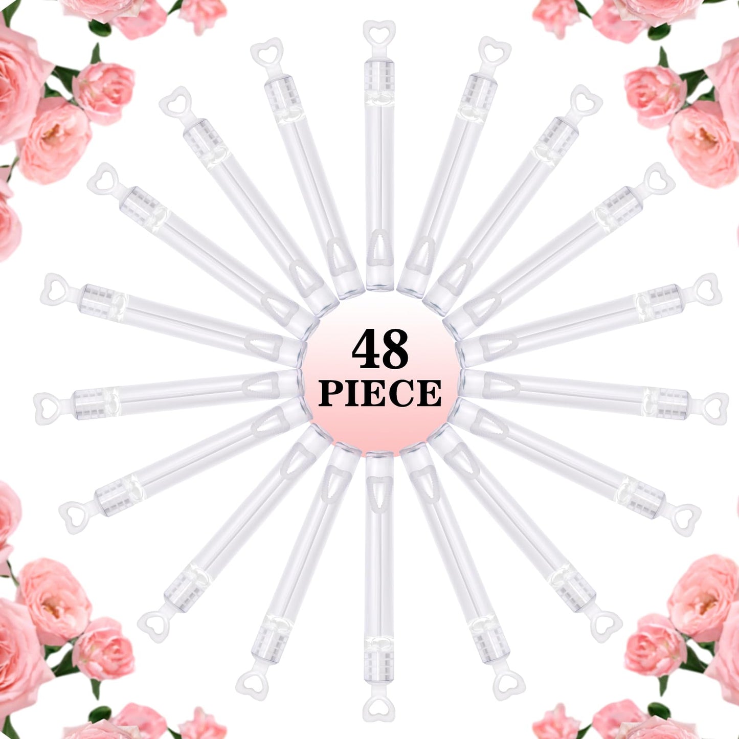 Bymugo 48-Pack White Heart Bubble Wands with Pre-Filled Solution for Weddings