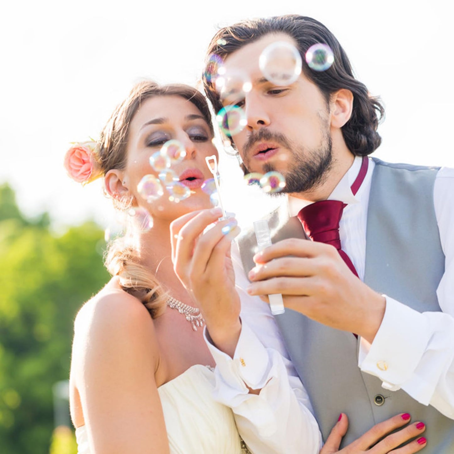 Bymugo 48-Pack White Heart Bubble Wands with Pre-Filled Solution for Weddings