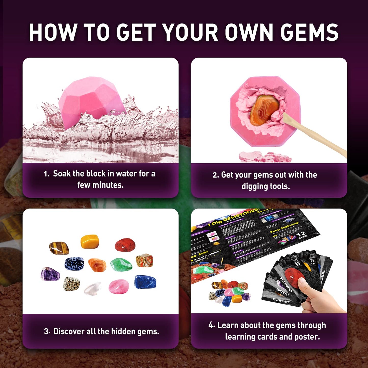 Byncceh Gamerside Gemstones Dig Kit — 12 Real Gems for Kids STEM & Archaeology