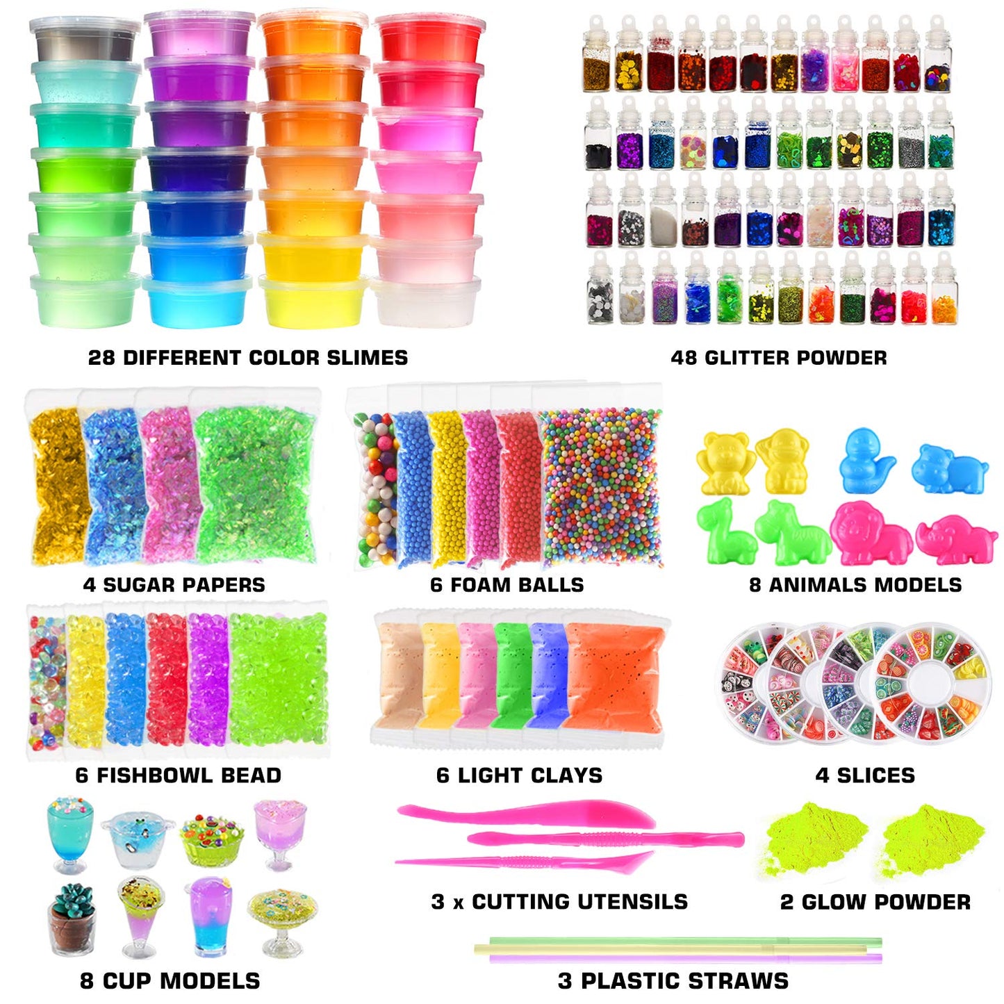 BYONEBYE 126 Pcs DIY Slime Kit for Kids – Glow Powder, Glitter & 28 Slimes
