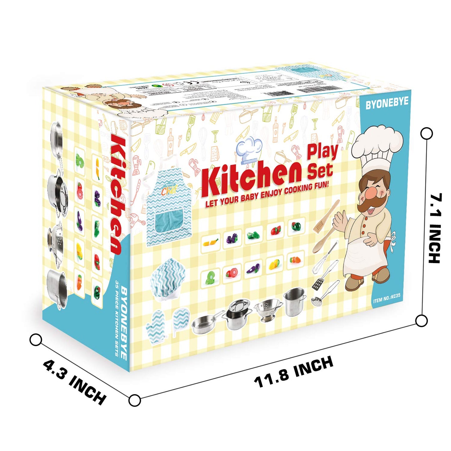 BYONEBYE 35-Piece Kitchen Pretend Play Set – Stainless Steel Pots & Pans, Apron, Chef Hat, Cutting Food