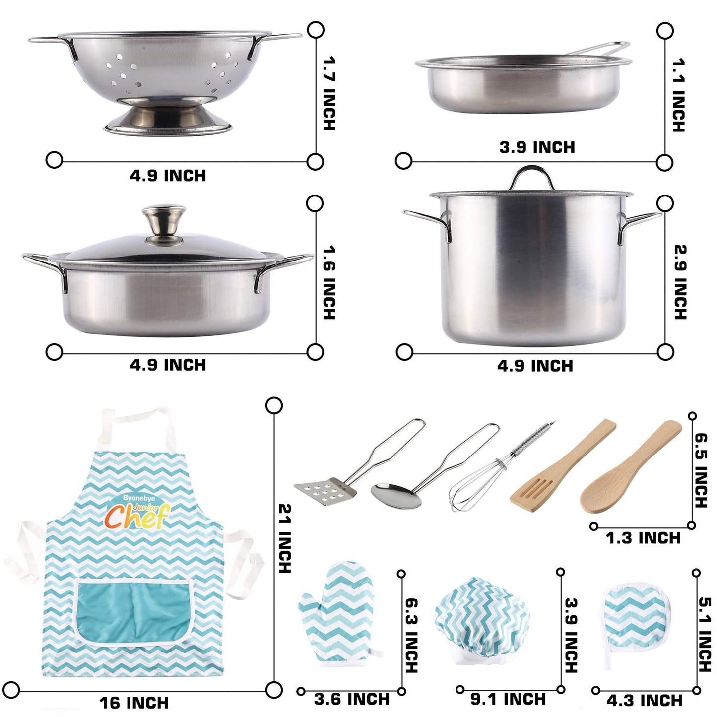 BYONEBYE 35-Piece Kitchen Pretend Play Set – Stainless Steel Pots & Pans, Apron, Chef Hat, Cutting Food
