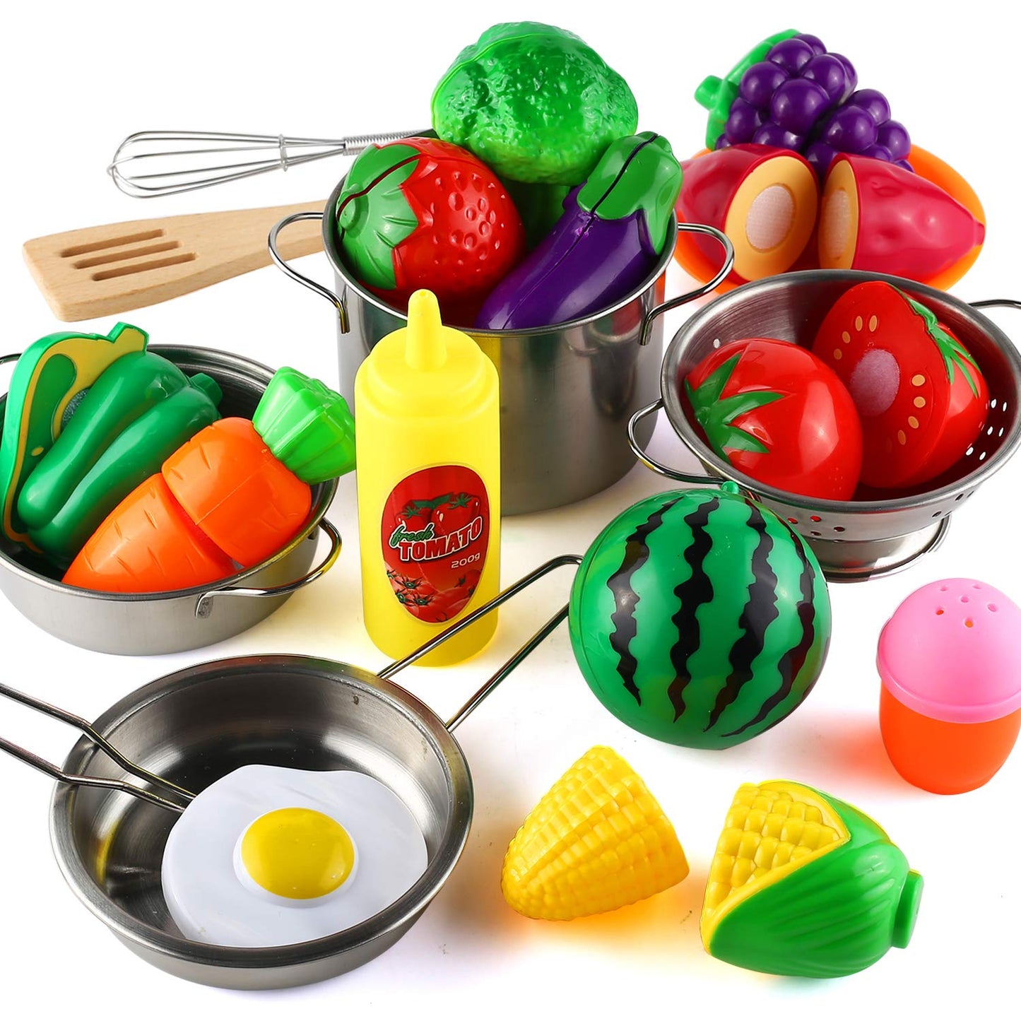 BYONEBYE 35-Piece Kitchen Pretend Play Set – Stainless Steel Pots & Pans, Apron, Chef Hat, Cutting Food