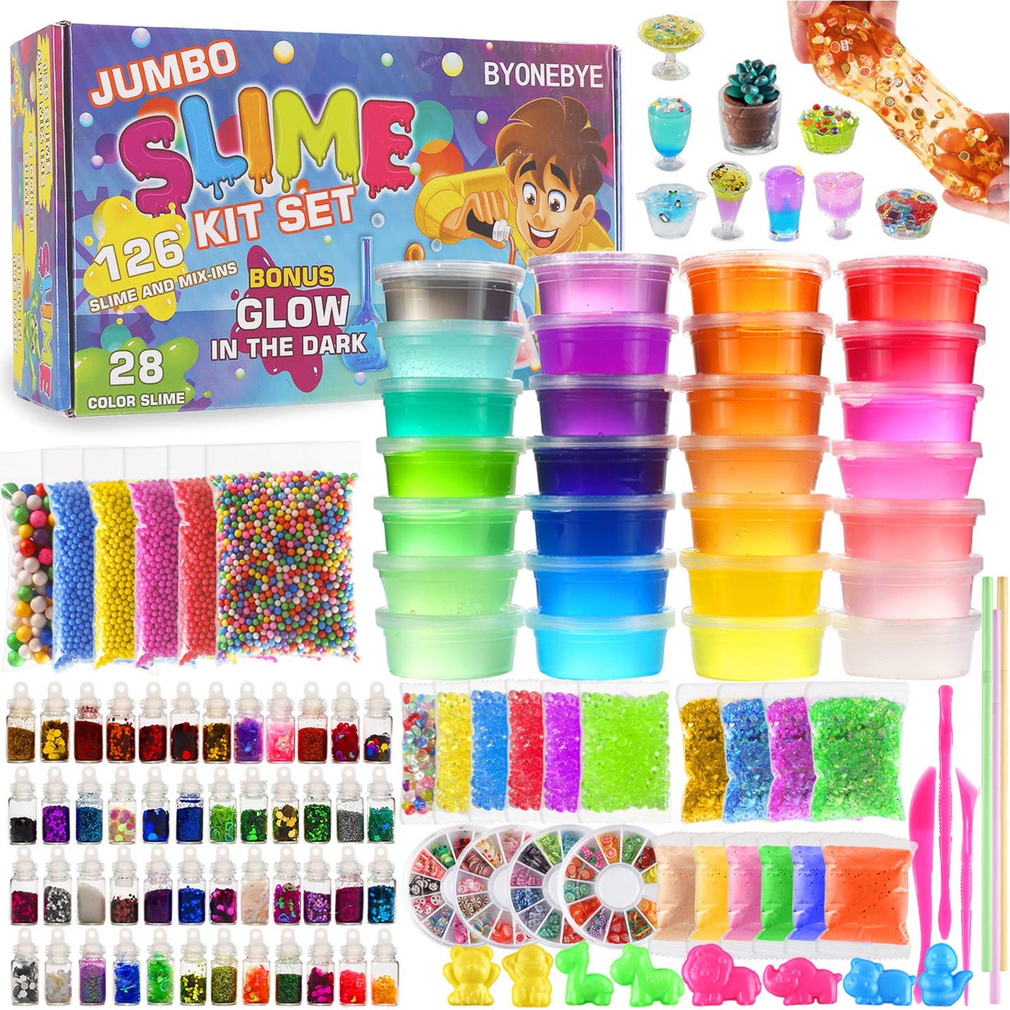 BYONEBYE 126 Pcs DIY Slime Kit for Kids – Glow Powder, Glitter & 28 Slimes