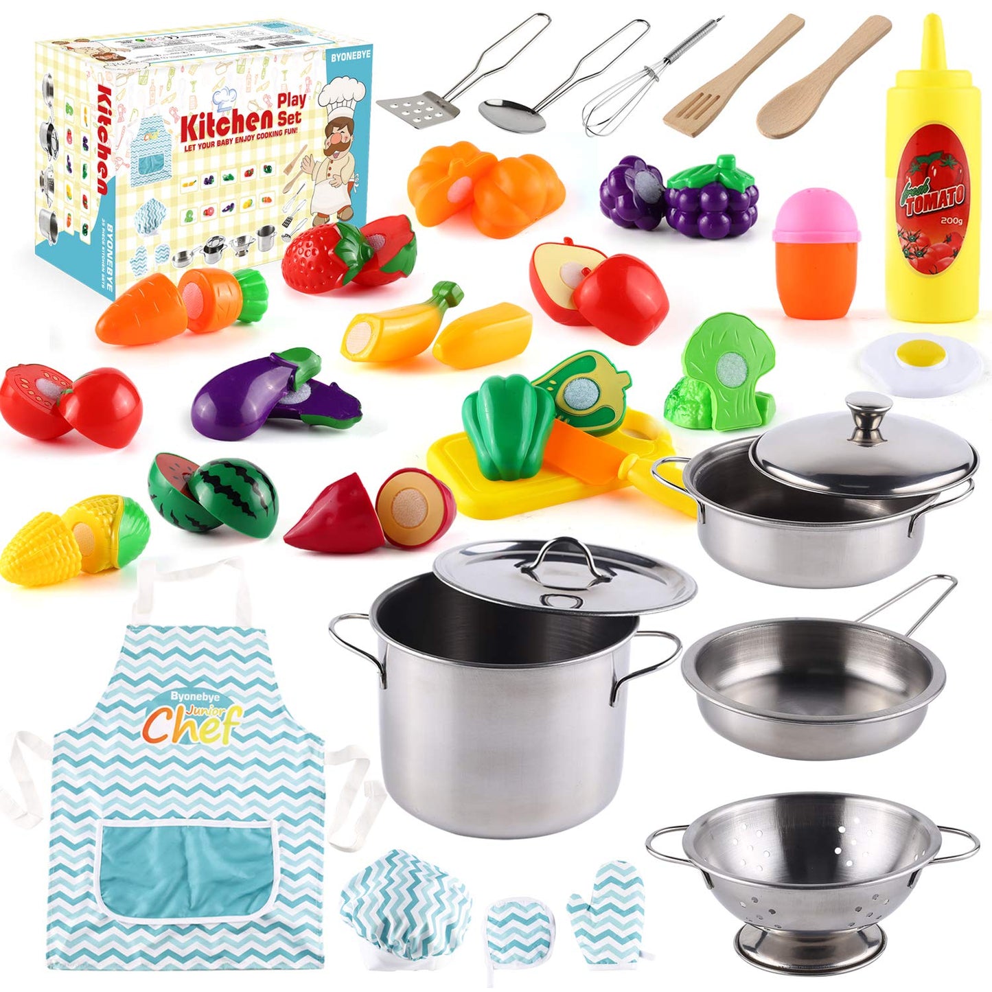 BYONEBYE 35-Piece Kitchen Pretend Play Set – Stainless Steel Pots & Pans, Apron, Chef Hat, Cutting Food