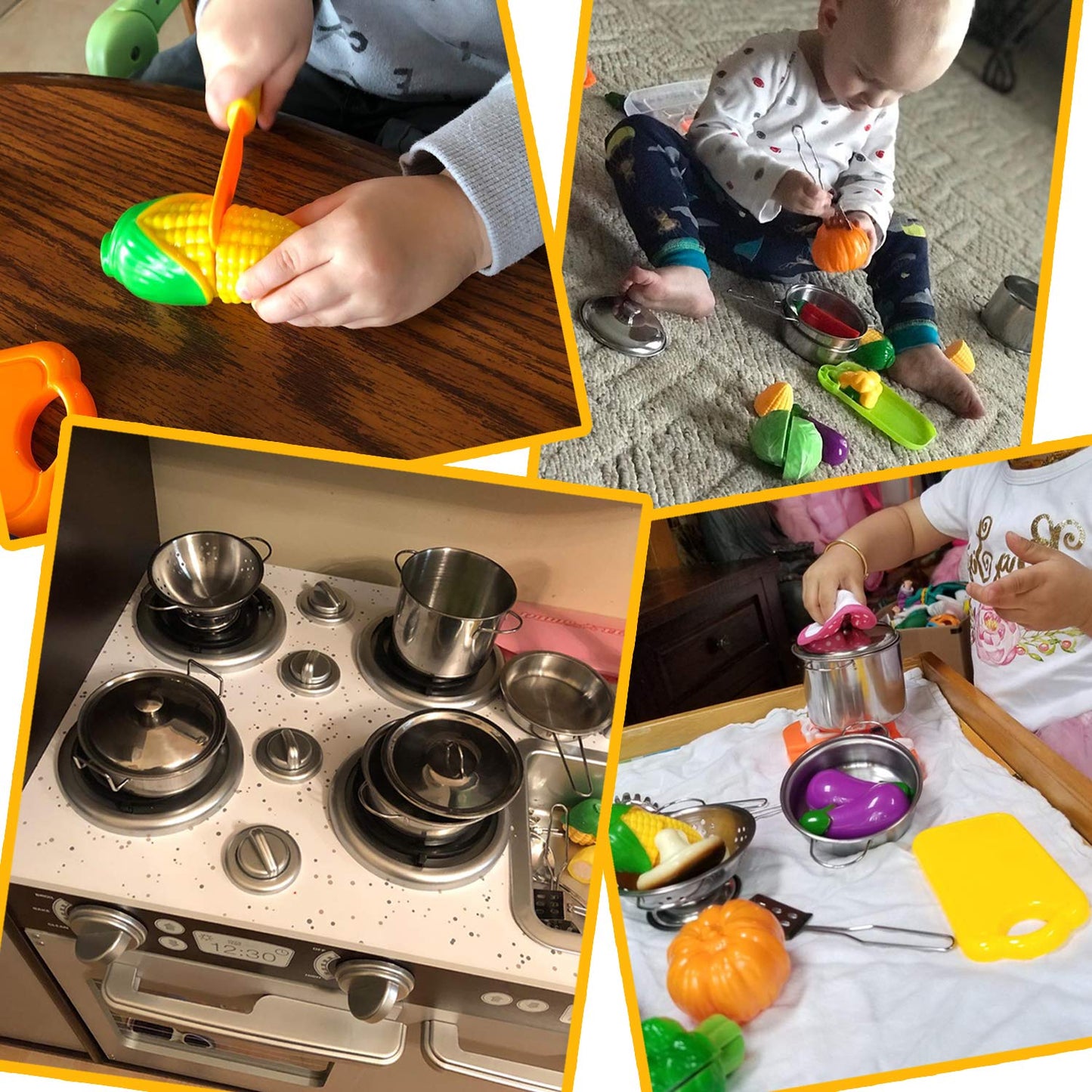 BYONEBYE 35-Piece Kitchen Pretend Play Set – Stainless Steel Pots & Pans, Apron, Chef Hat, Cutting Food